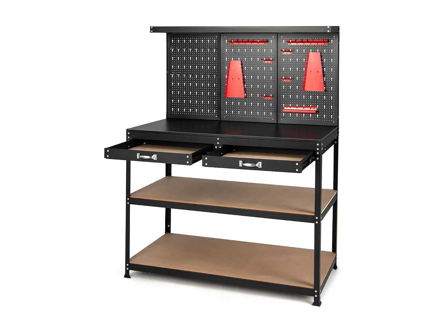 Établi Atelier Garage avec Étagères et Tiroirs Panneaux Perforés, Table de Travail Cadre en Métal, 121 x 61 x 156 cm