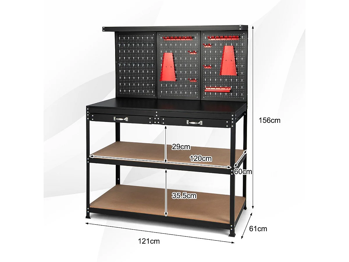 Établi Atelier Garage avec Étagères et Tiroirs Panneaux Perforés, Table de Travail Cadre en Métal, 121 x 61 x 156 cm