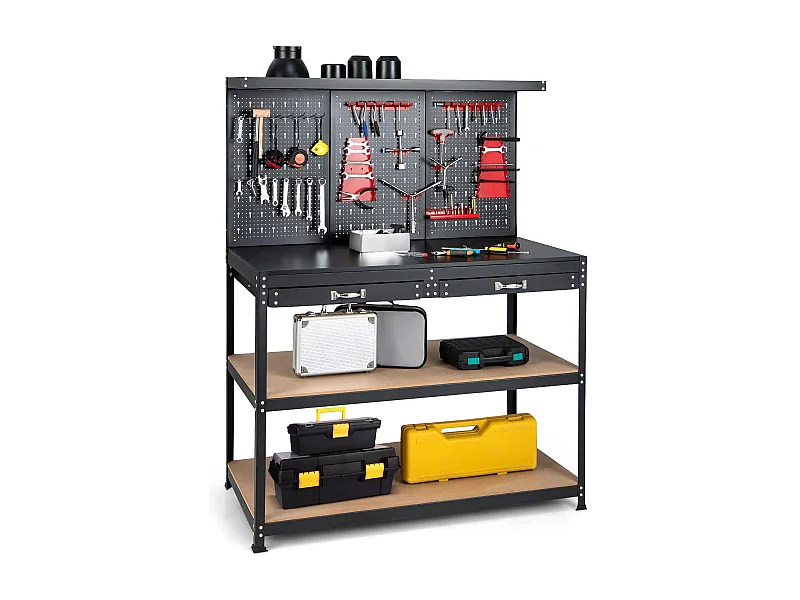 Établi Atelier Garage avec Étagères et Tiroirs Panneaux Perforés, Table de Travail Cadre en Métal, 121 x 61 x 156 cm