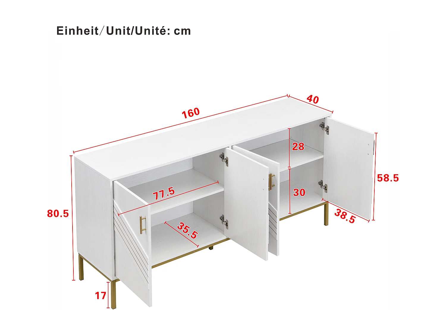 URBAN MEUBLE Buffet moderne blanc 4 portes texturés et accents dorés