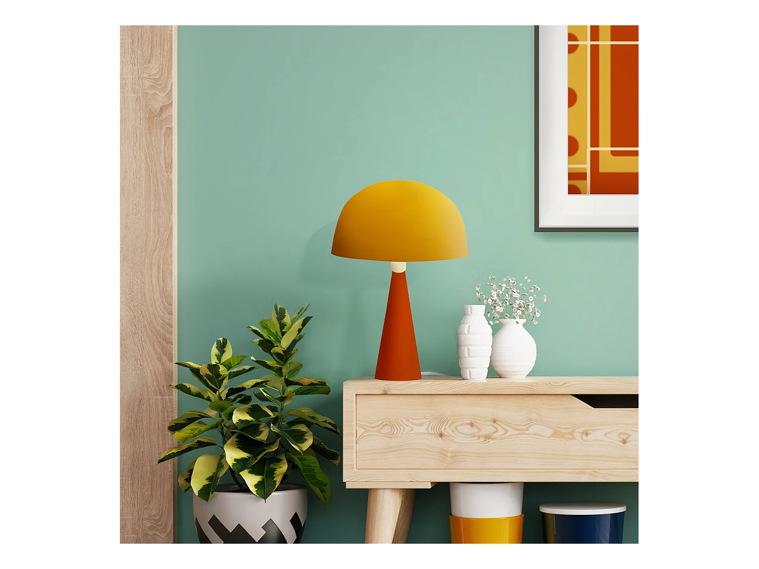 Lampe a Poser TOSEL ,métal,bois,Jaune ,H37xD24,5xP24,5cm