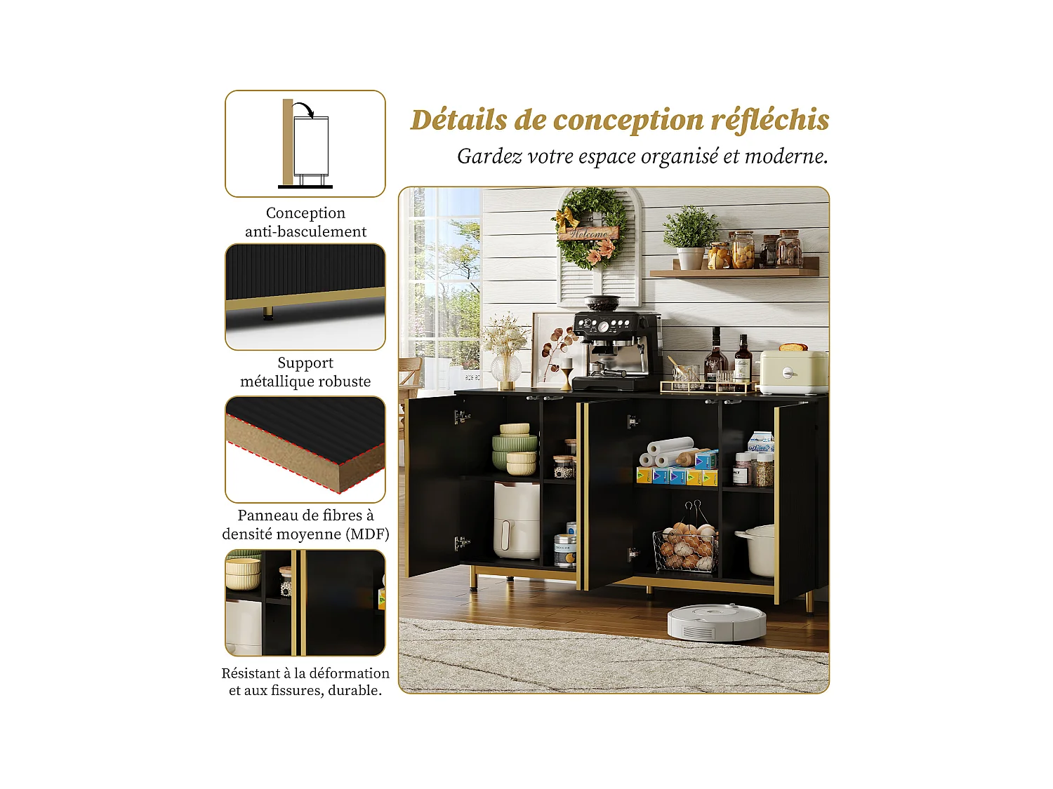 URBAN MEUBLE Buffet moderne noir 4 portes texturés et accents dorés