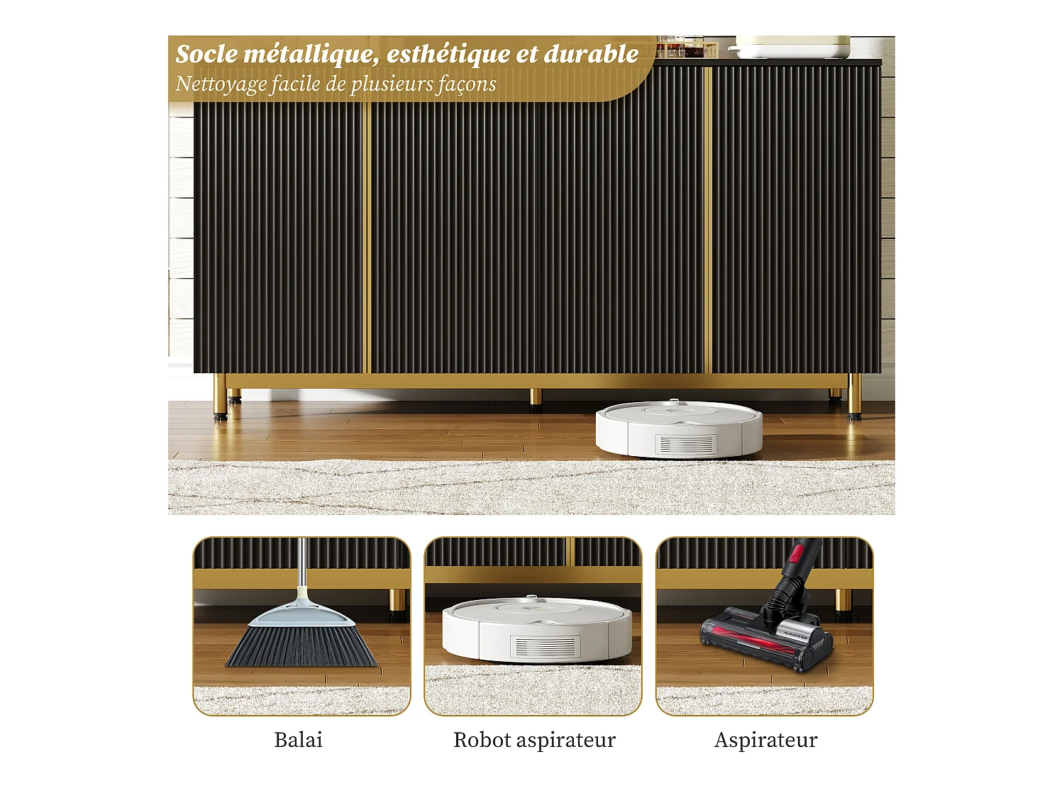 URBAN MEUBLE Buffet moderne noir 4 portes texturés et accents dorés