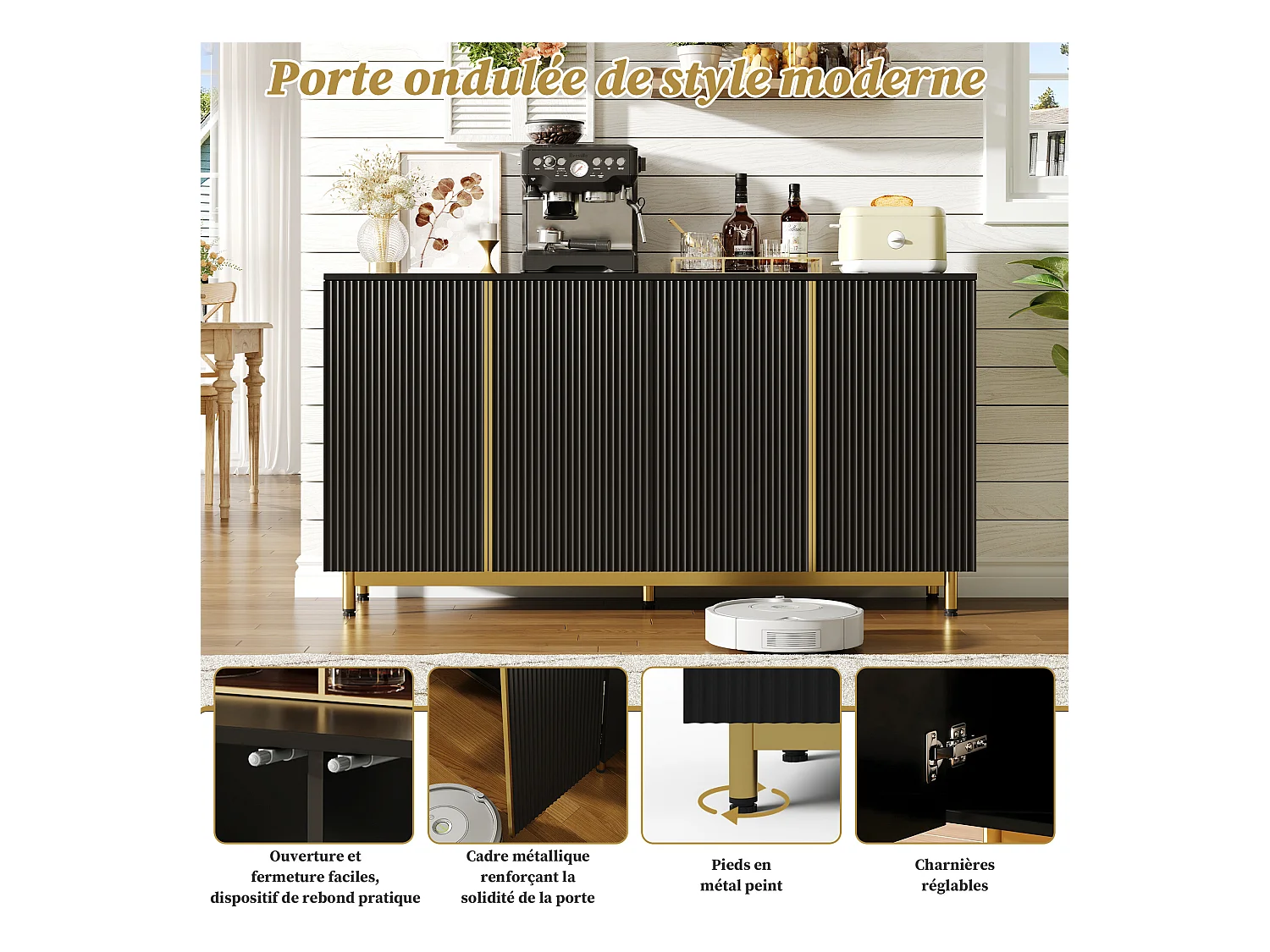 URBAN MEUBLE Buffet moderne noir 4 portes texturés et accents dorés