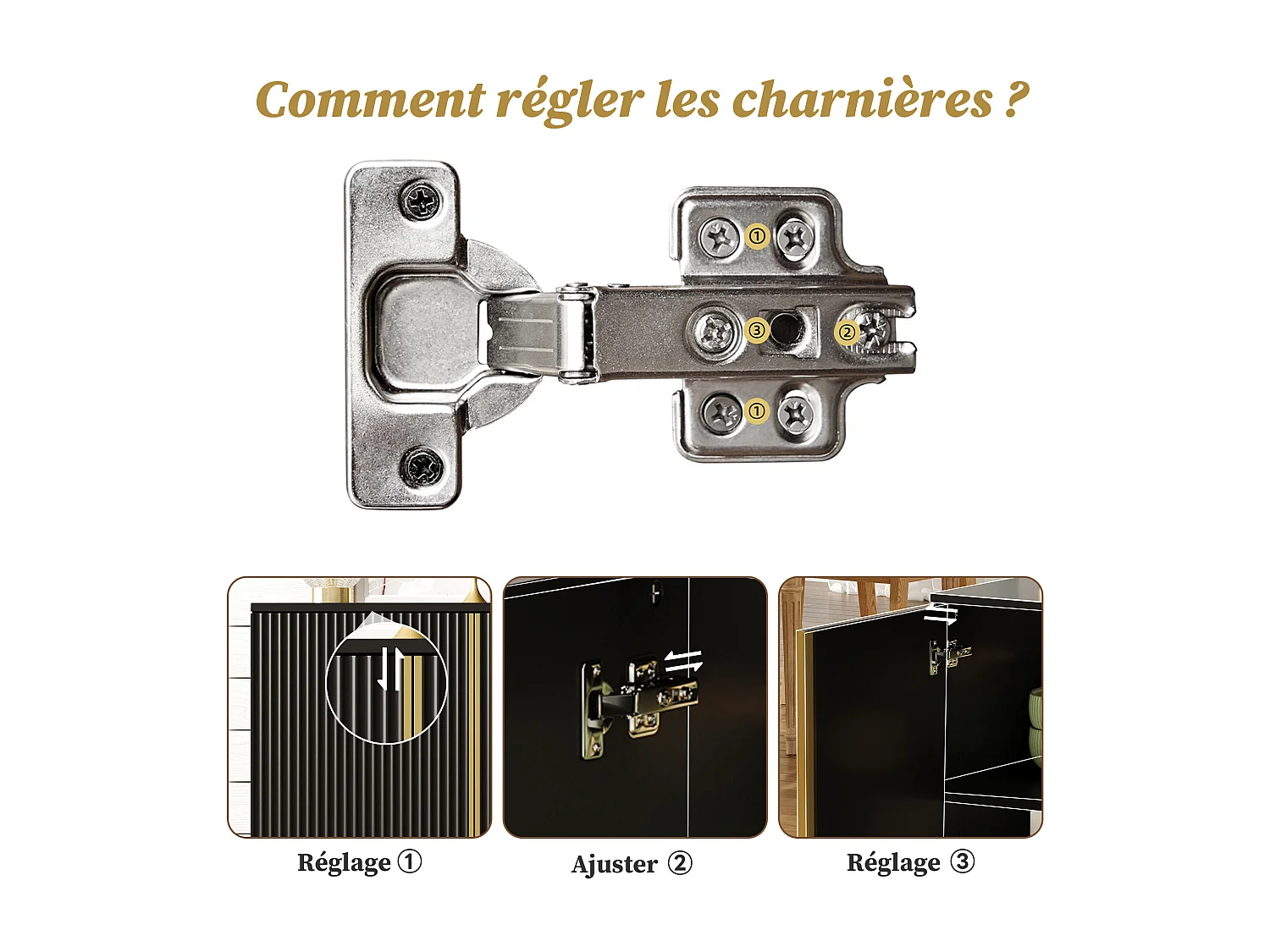 URBAN MEUBLE Buffet moderne noir 4 portes texturés et accents dorés