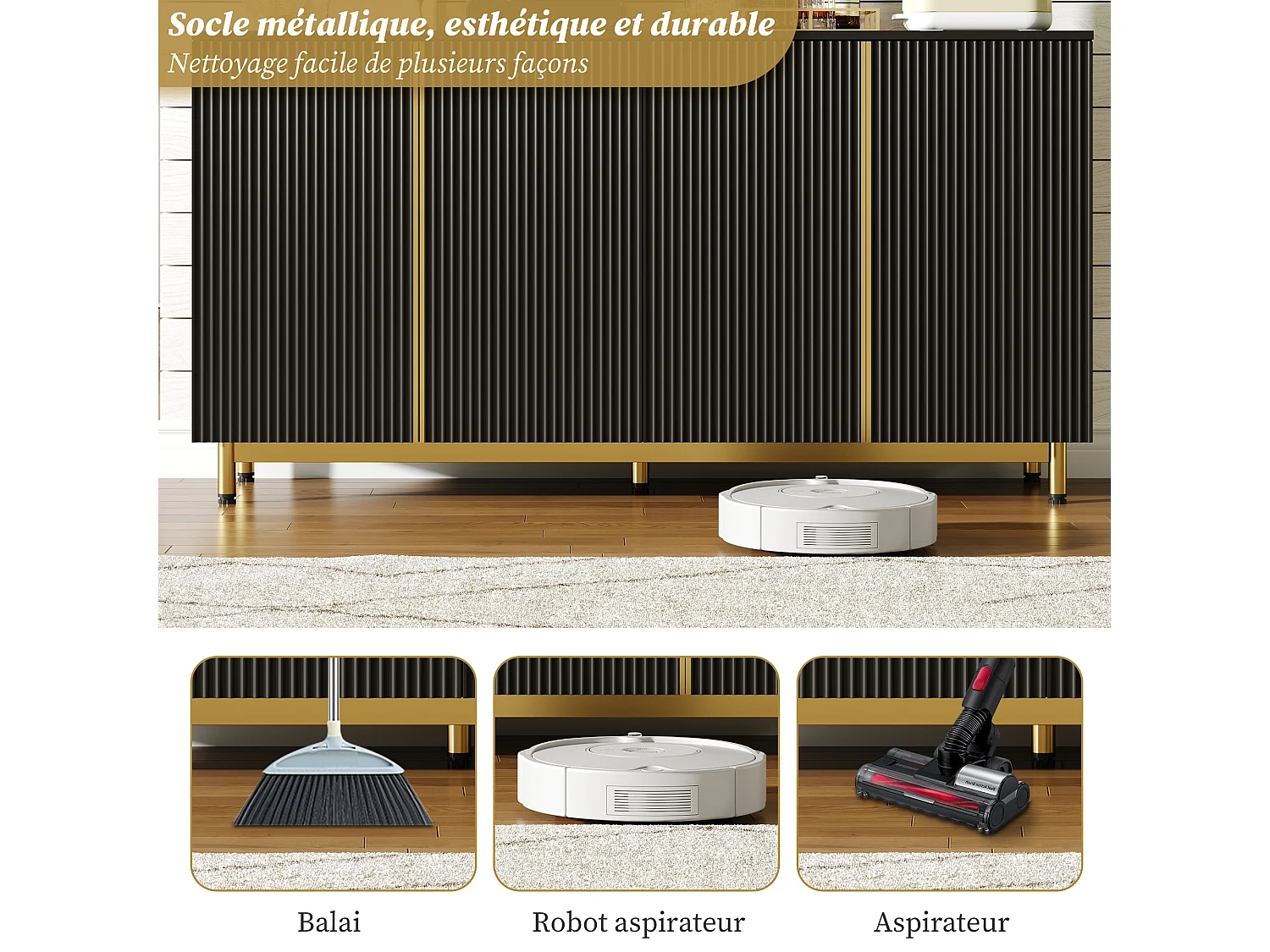 URBAN MEUBLE Buffet moderne noir 4 portes texturés et accents dorés