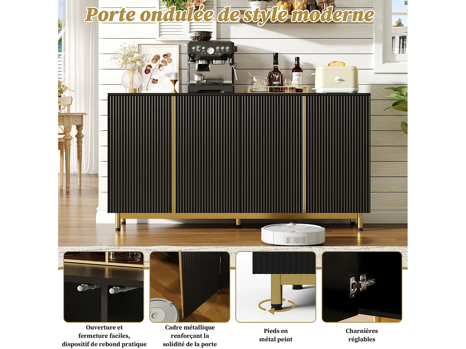 URBAN MEUBLE Buffet moderne noir 4 portes texturés et accents dorés