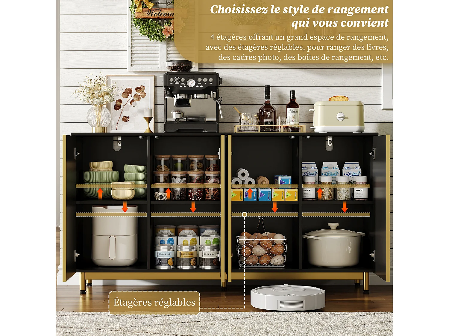 URBAN MEUBLE Buffet moderne noir 4 portes texturés et accents dorés