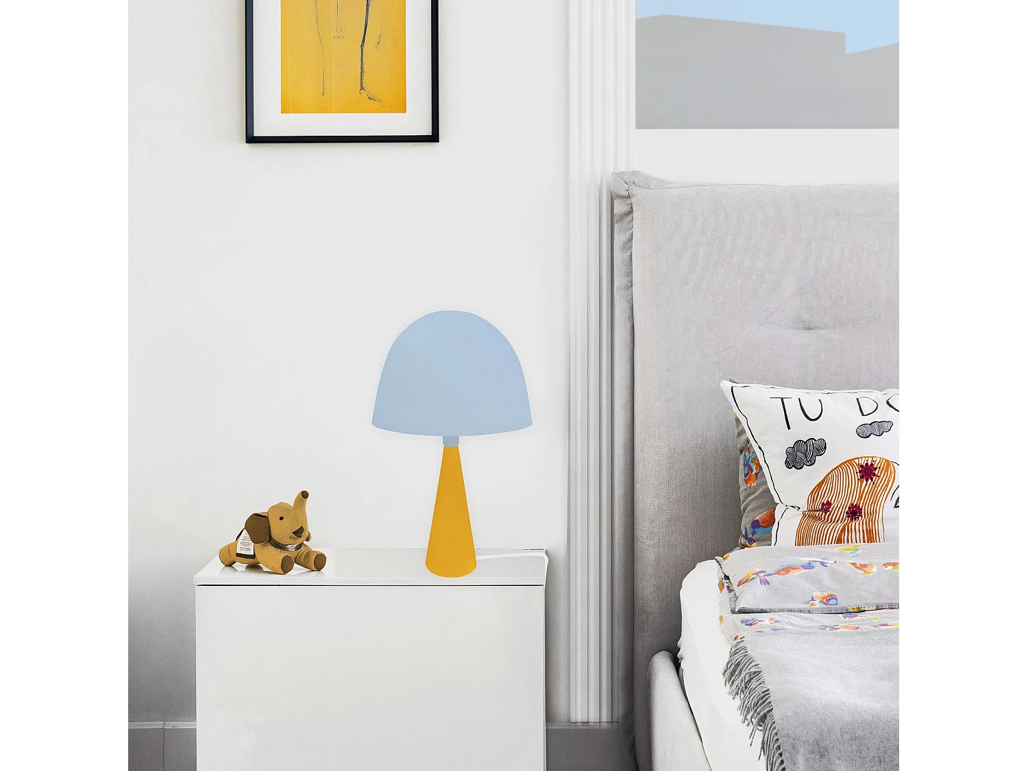 Lampada da tavolo legno giallo coluna PETIT JANINA blu D'24 cm