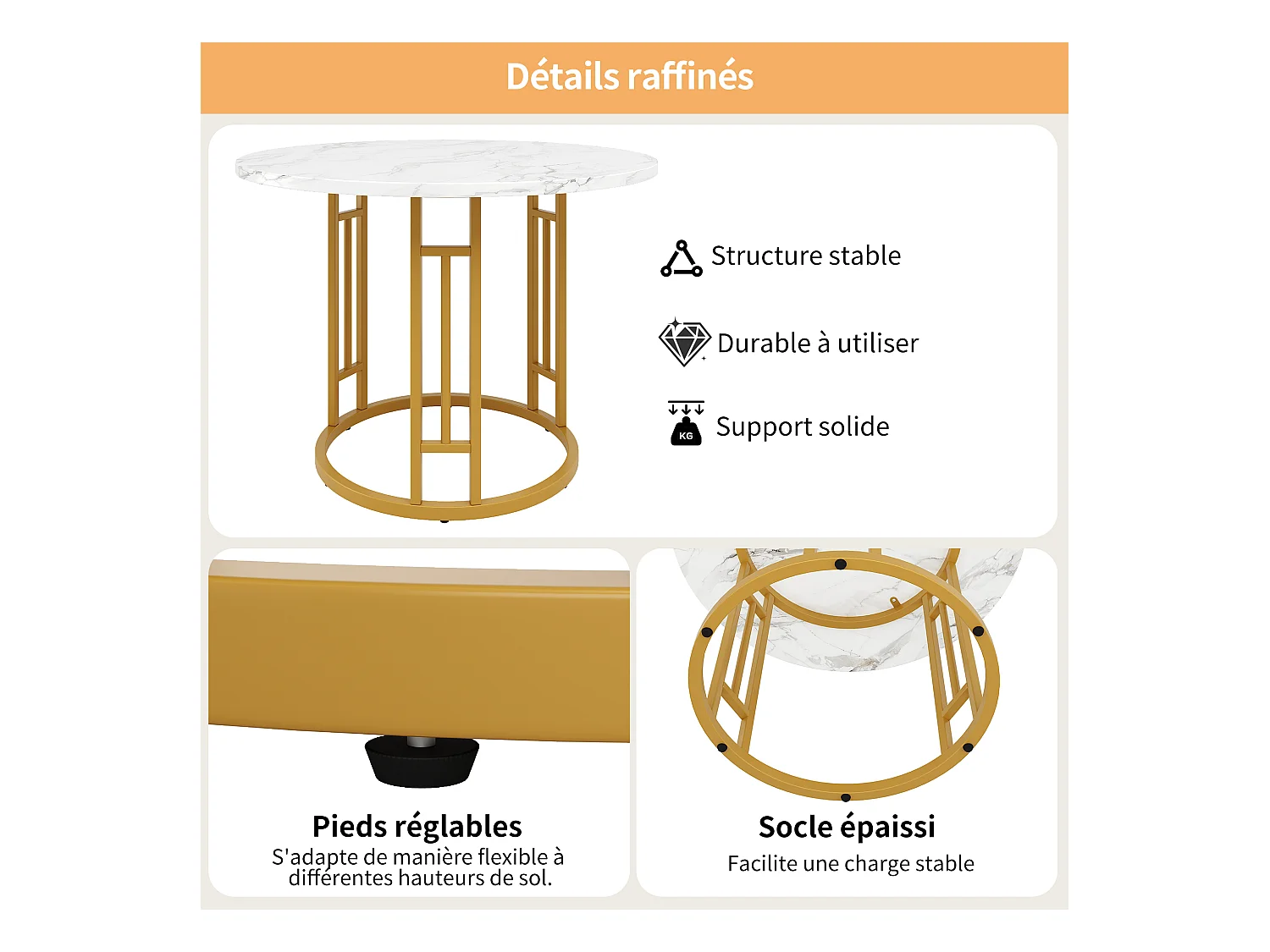 URBAN MEUBLE Table de salle à manger ronde effet marbre blanc pieds chic dorés