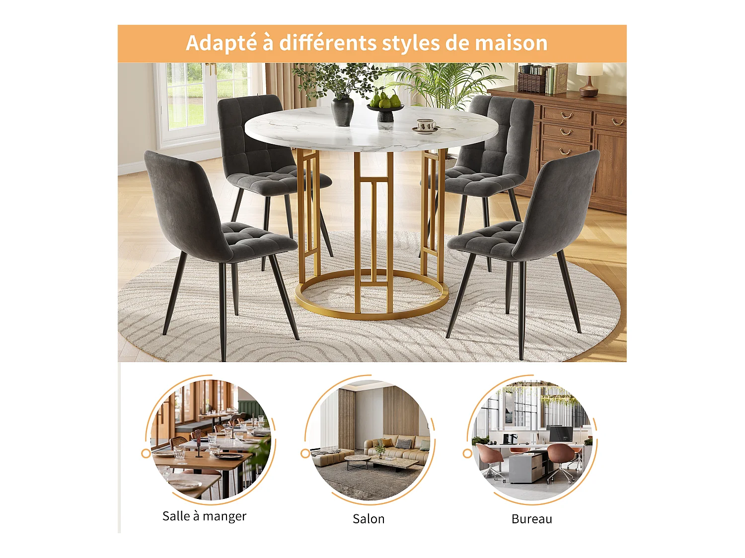 URBAN MEUBLE Table de salle à manger ronde effet marbre blanc pieds chic dorés