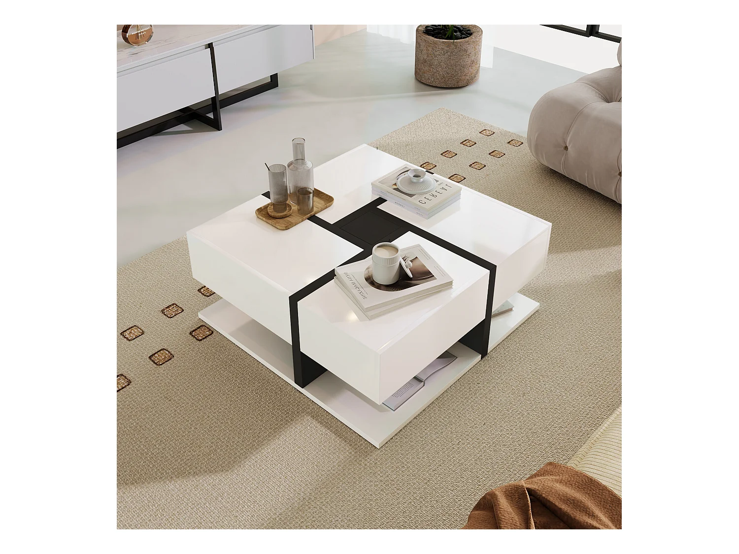 URBAN MEUBLE Table basse carrée moderne blanc brillante & noir avec tiroirs