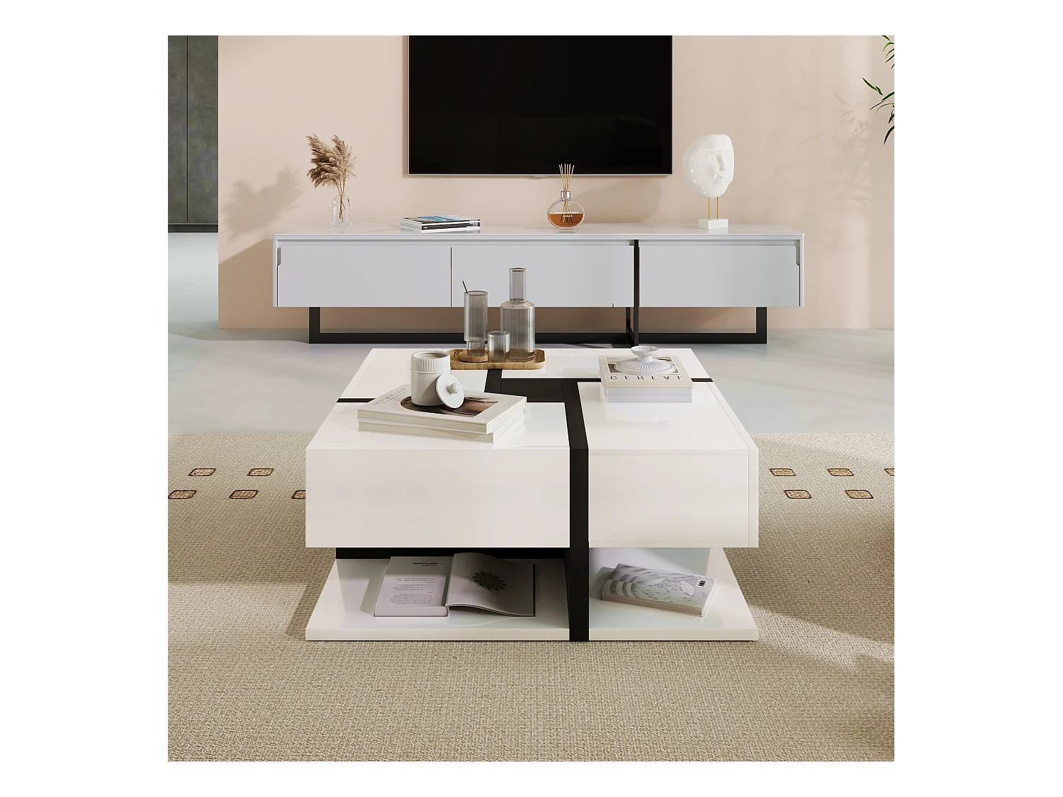 URBAN MEUBLE Table basse carrée moderne blanc brillante & noir avec tiroirs