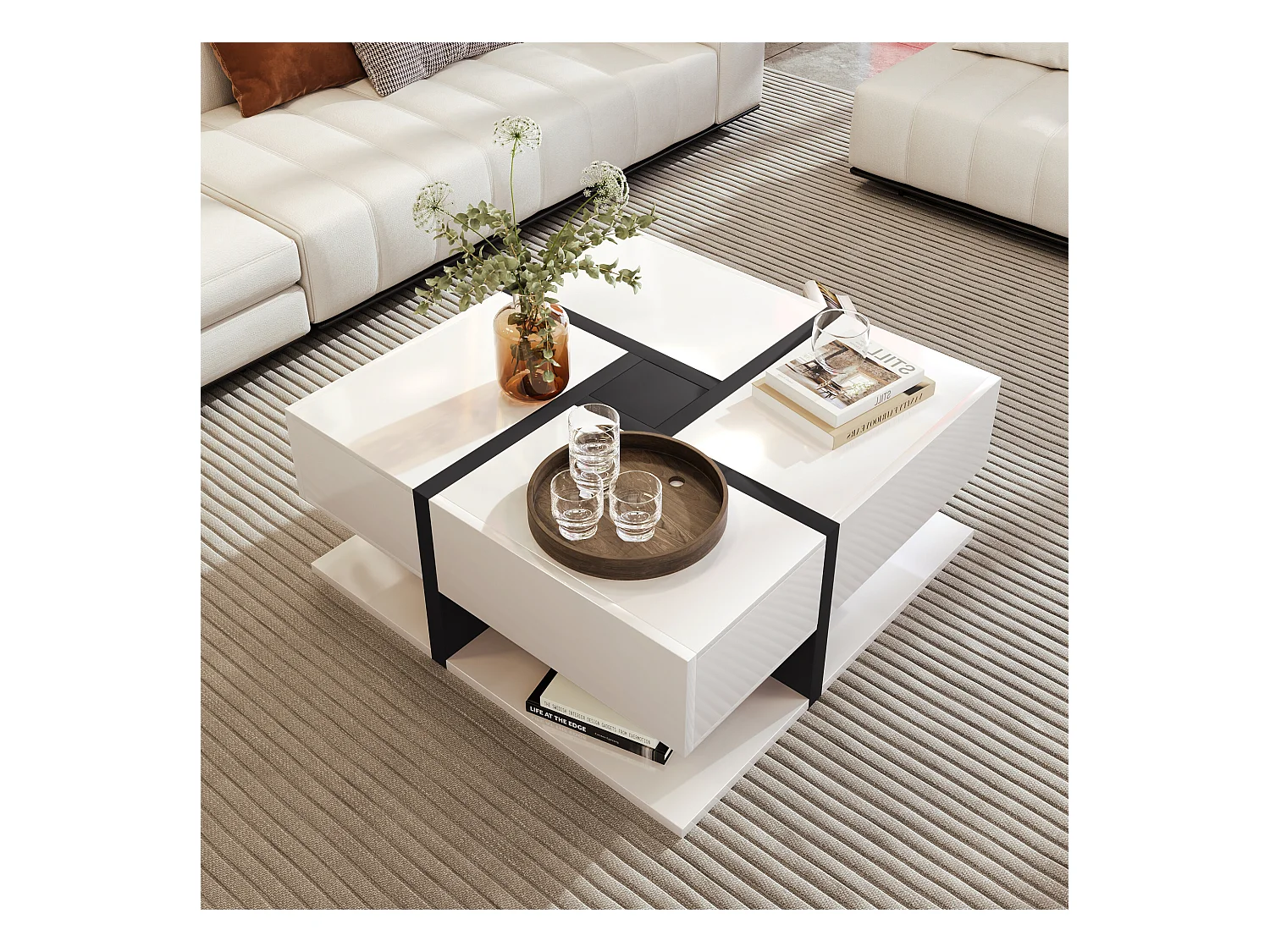 URBAN MEUBLE Table basse carrée moderne blanc brillante & noir avec tiroirs