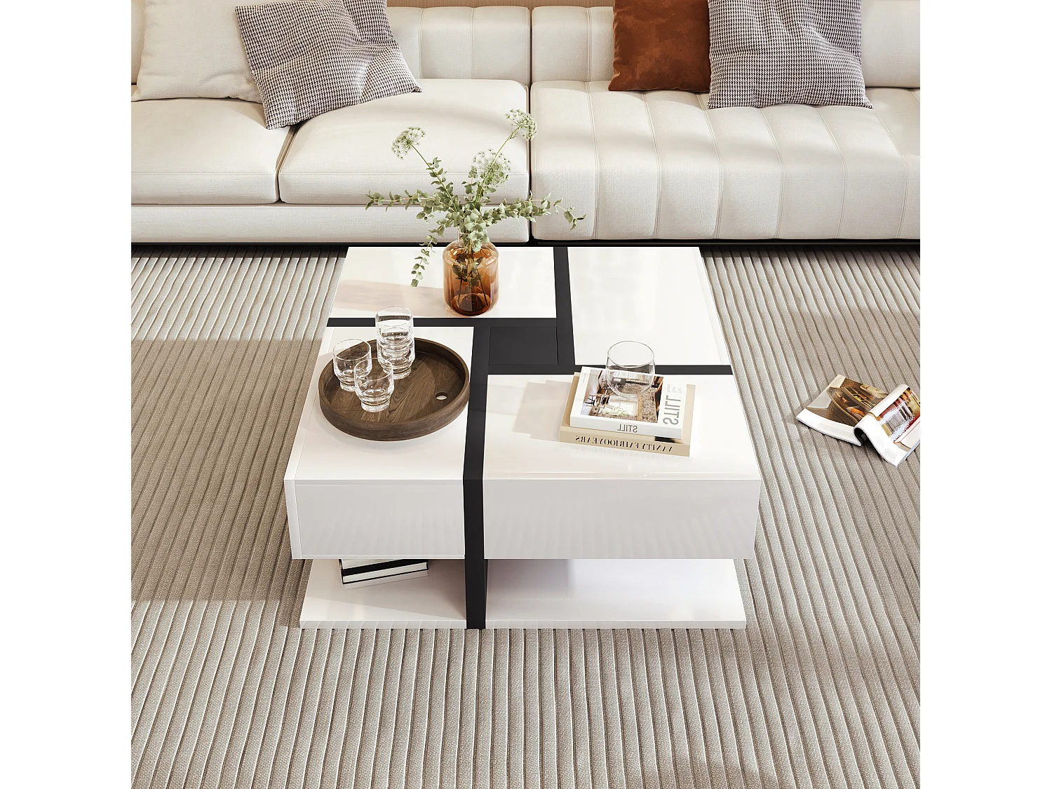 URBAN MEUBLE Table basse carrée moderne blanc brillante & noir avec tiroirs