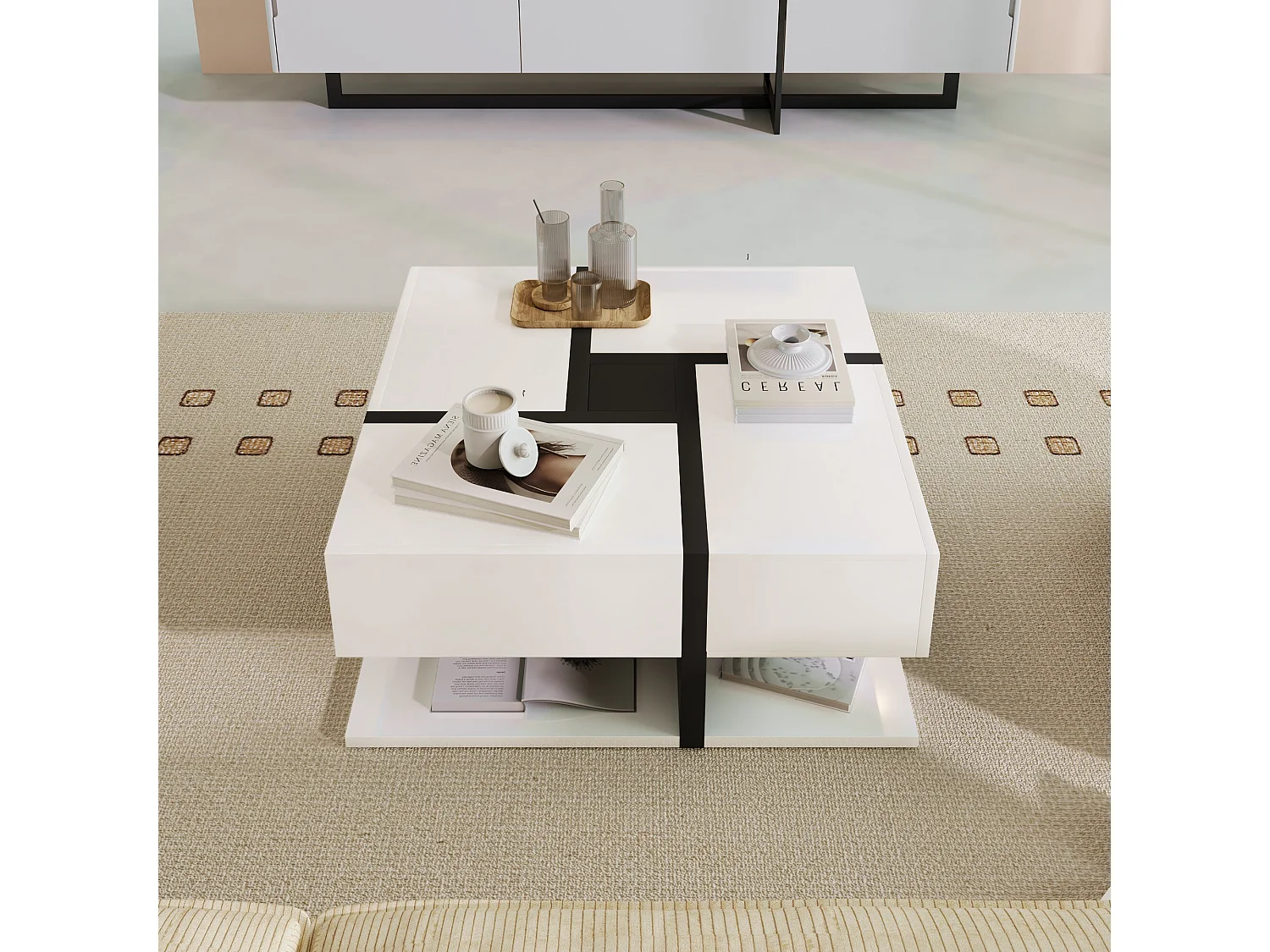 URBAN MEUBLE Table basse carrée moderne blanc brillante & noir avec tiroirs