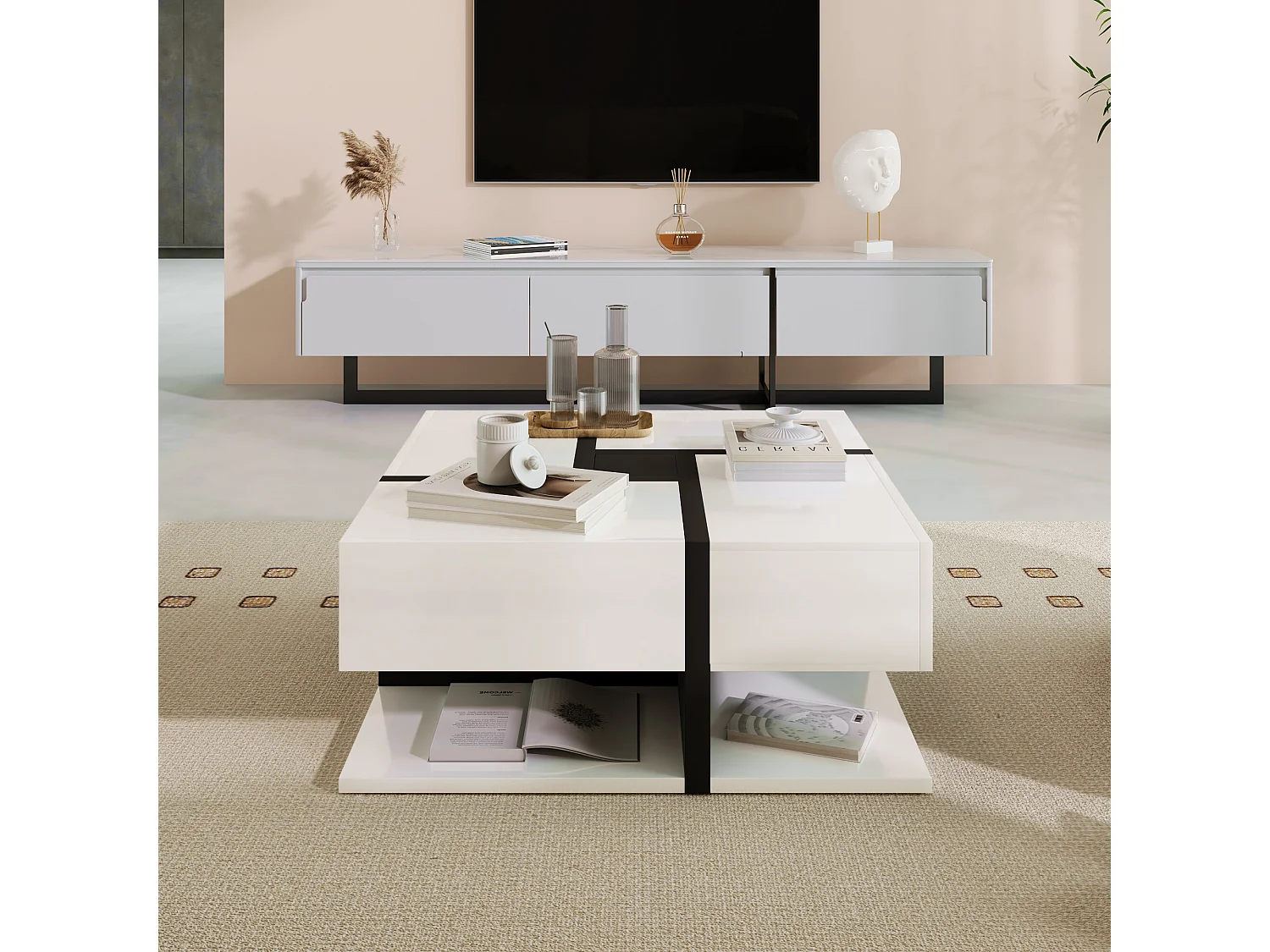 URBAN MEUBLE Table basse carrée moderne blanc brillante & noir avec tiroirs