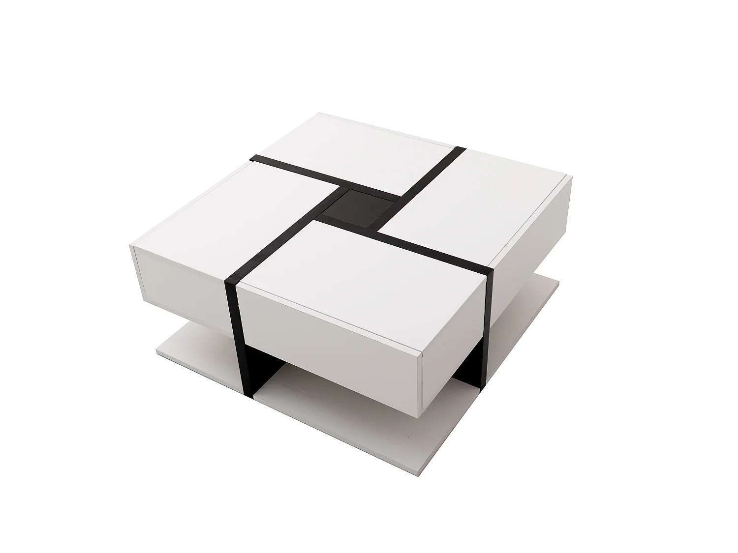 URBAN MEUBLE Table basse carrée moderne blanc brillante & noir avec tiroirs