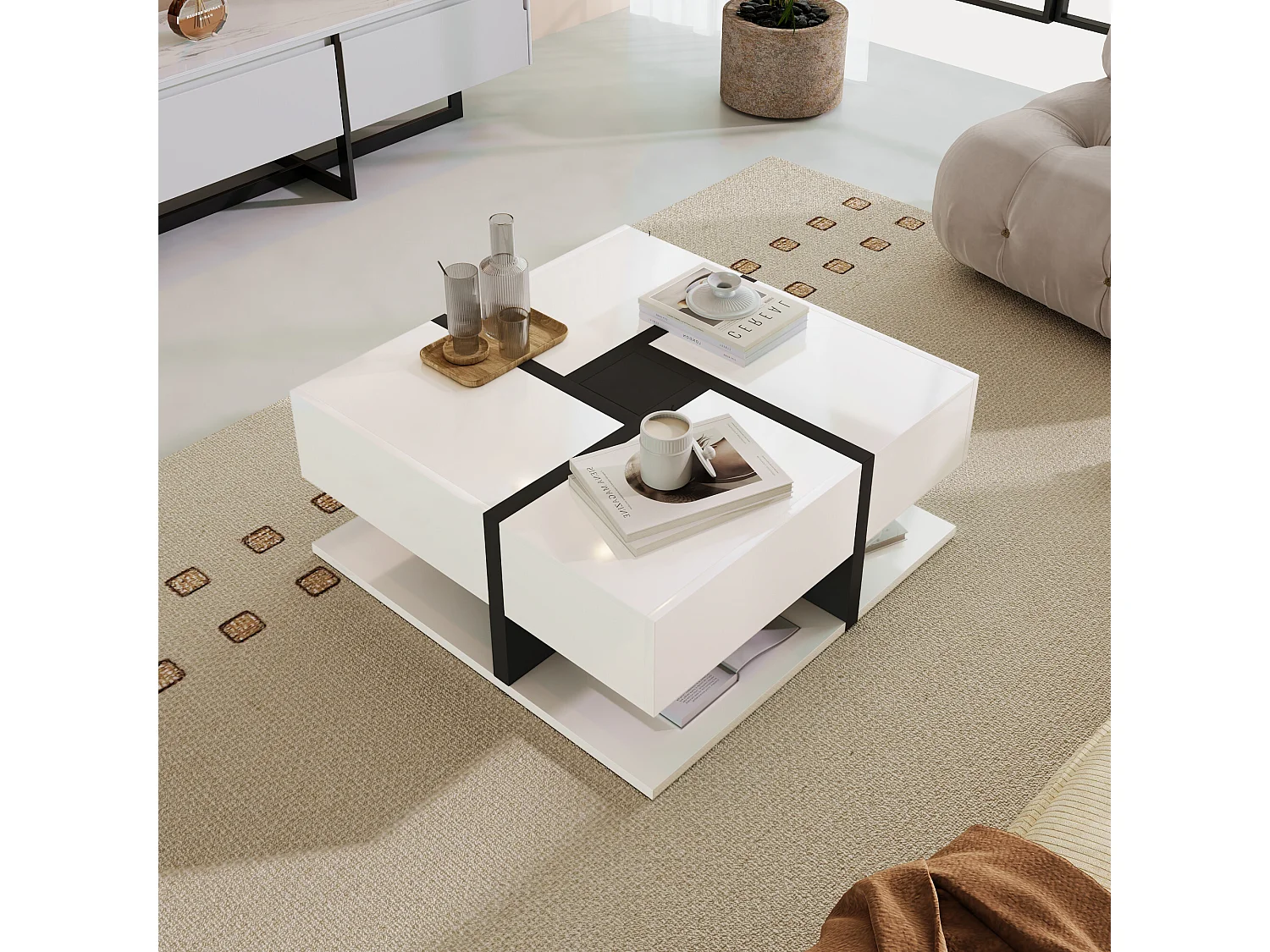 URBAN MEUBLE Table basse carrée moderne blanc brillante & noir avec tiroirs