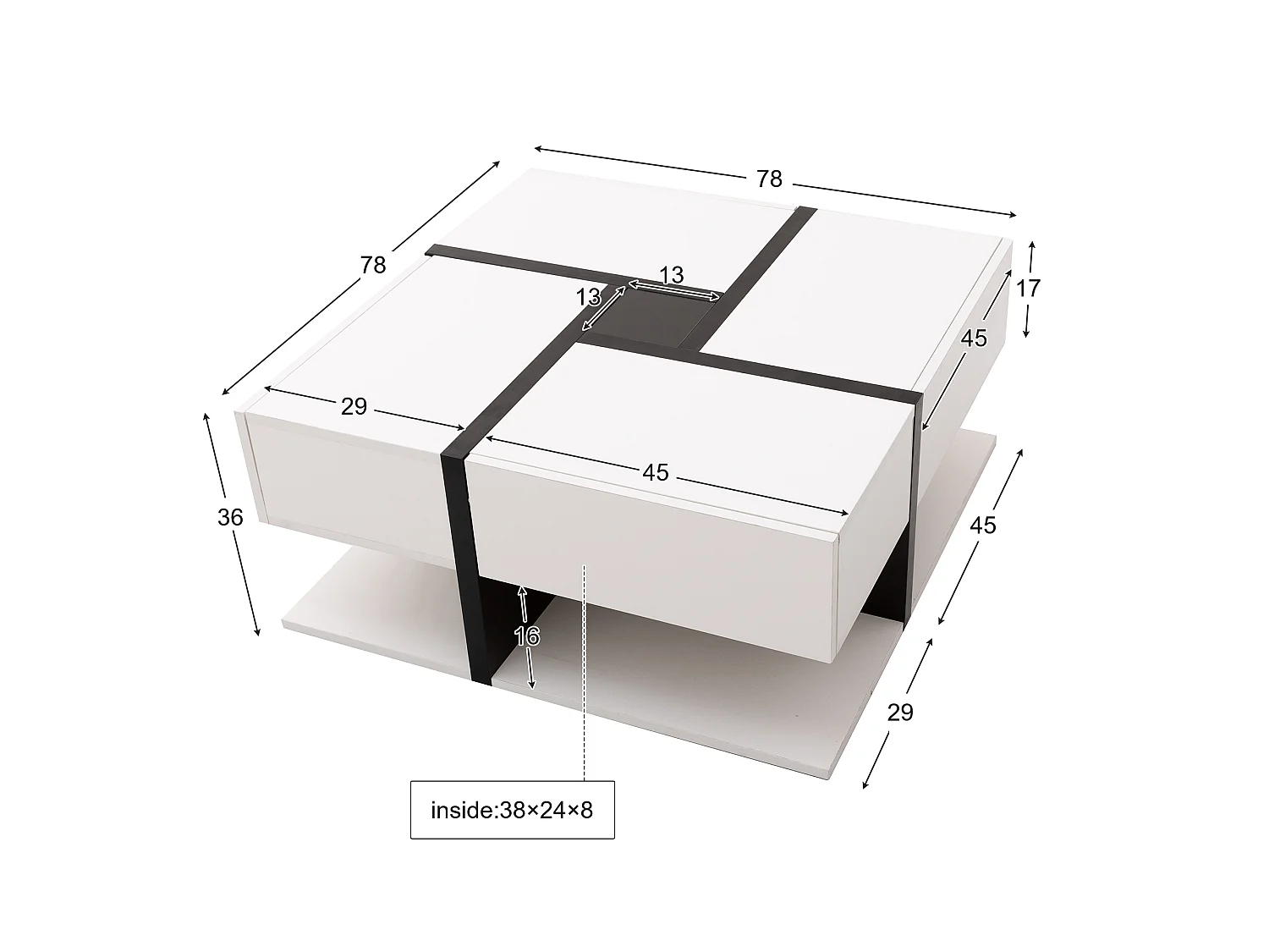 URBAN MEUBLE Table basse carrée moderne blanc brillante & noir avec tiroirs
