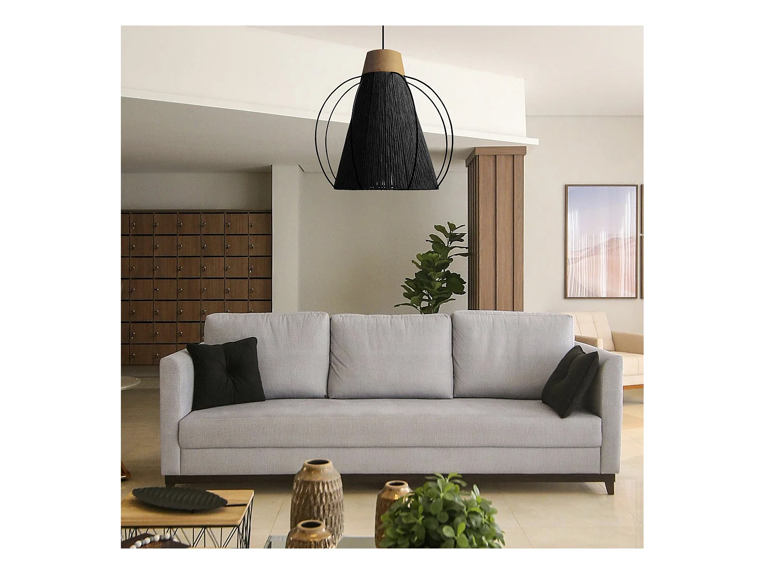 Suspension TOSEL ,métal,fibre ,Noir ,H 90xD32x P 32cm