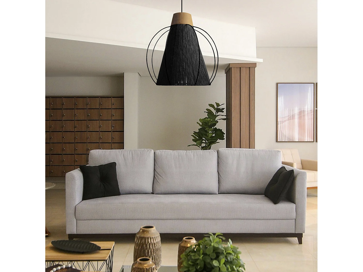 Suspensión  TOSEL ,metal, fibra,Negro ,A 90xD32x P 32cm