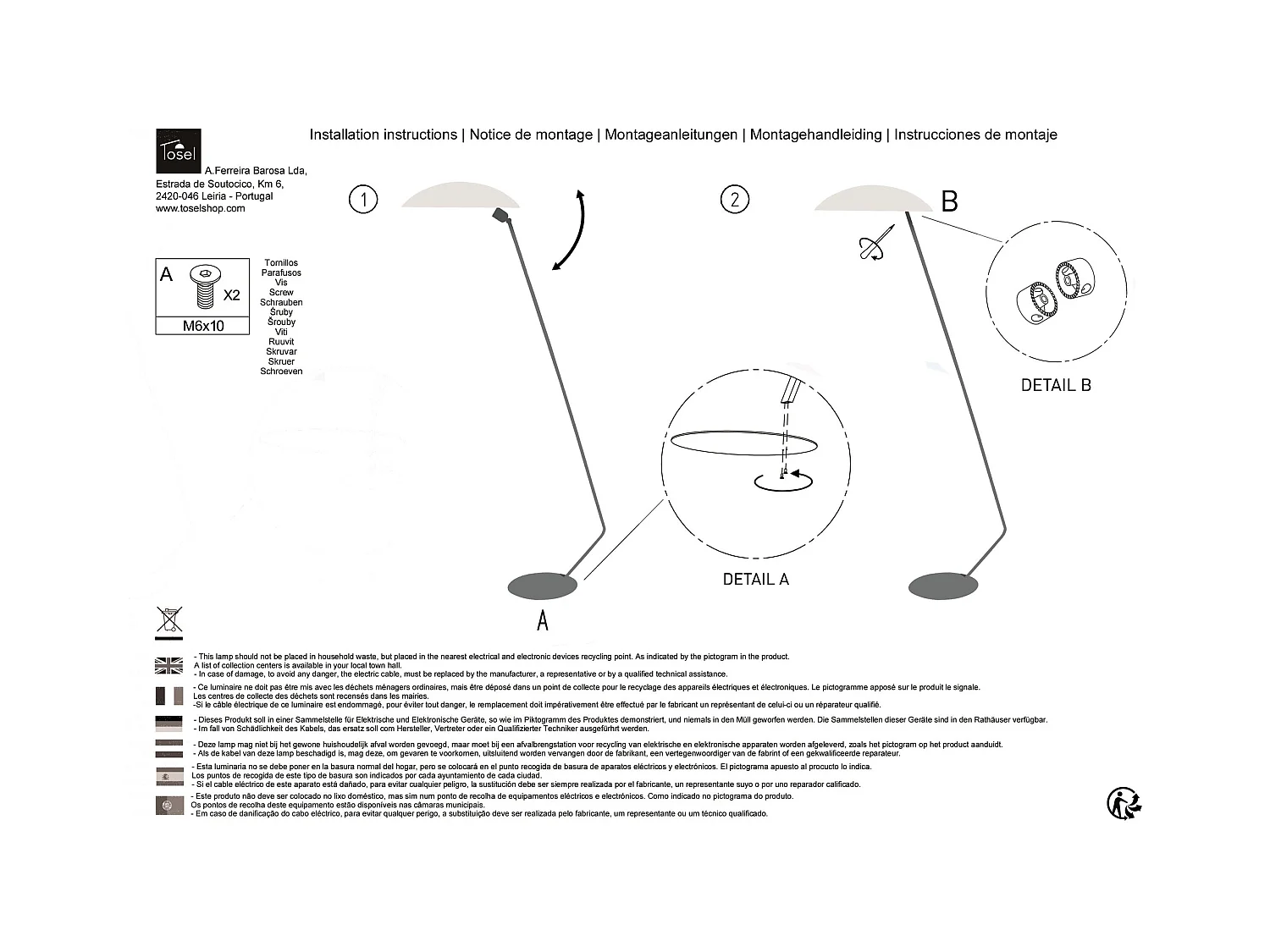 Lampadaire de Bureau TOSEL ,métal,Rose ,H174xD33xP70cm