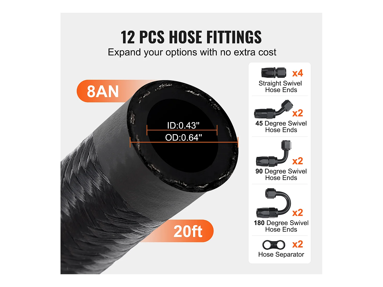 Kit de Conduite SucceBuy de Carburant 8AN 610cm, Tressé en Nylon et Acier Inoxydable avec 12 Raccords