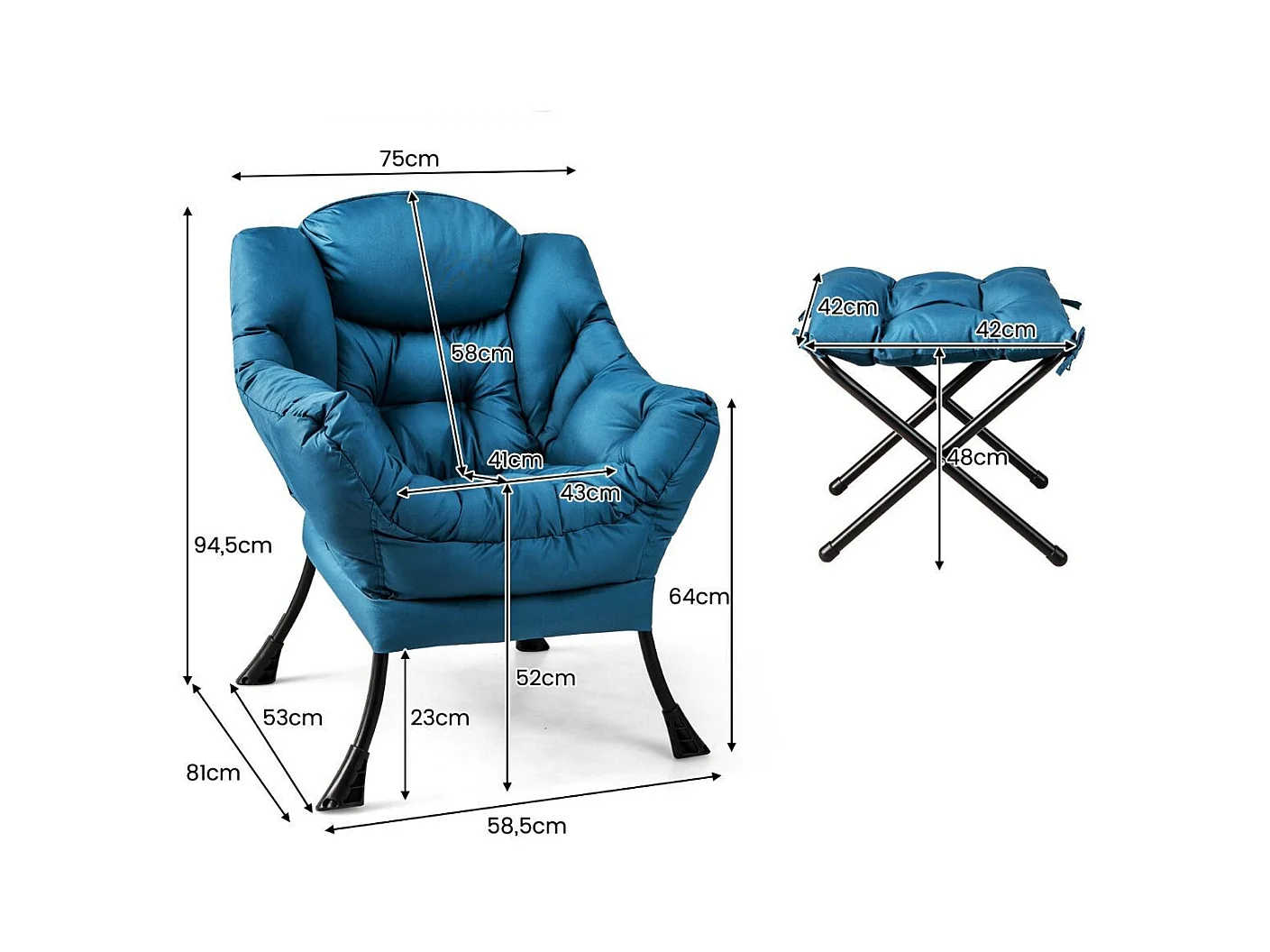 Poltrona pigra con cuscino braccioli tasca laterale poggiapiedi, Poltrona da lettura moderna Blu