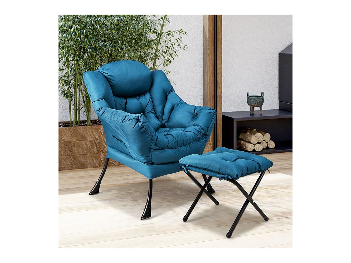 Poltrona pigra con cuscino braccioli tasca laterale poggiapiedi, Poltrona da lettura moderna Blu