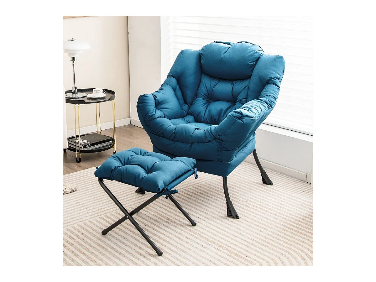 Poltrona pigra con cuscino braccioli tasca laterale poggiapiedi, Poltrona da lettura moderna Blu