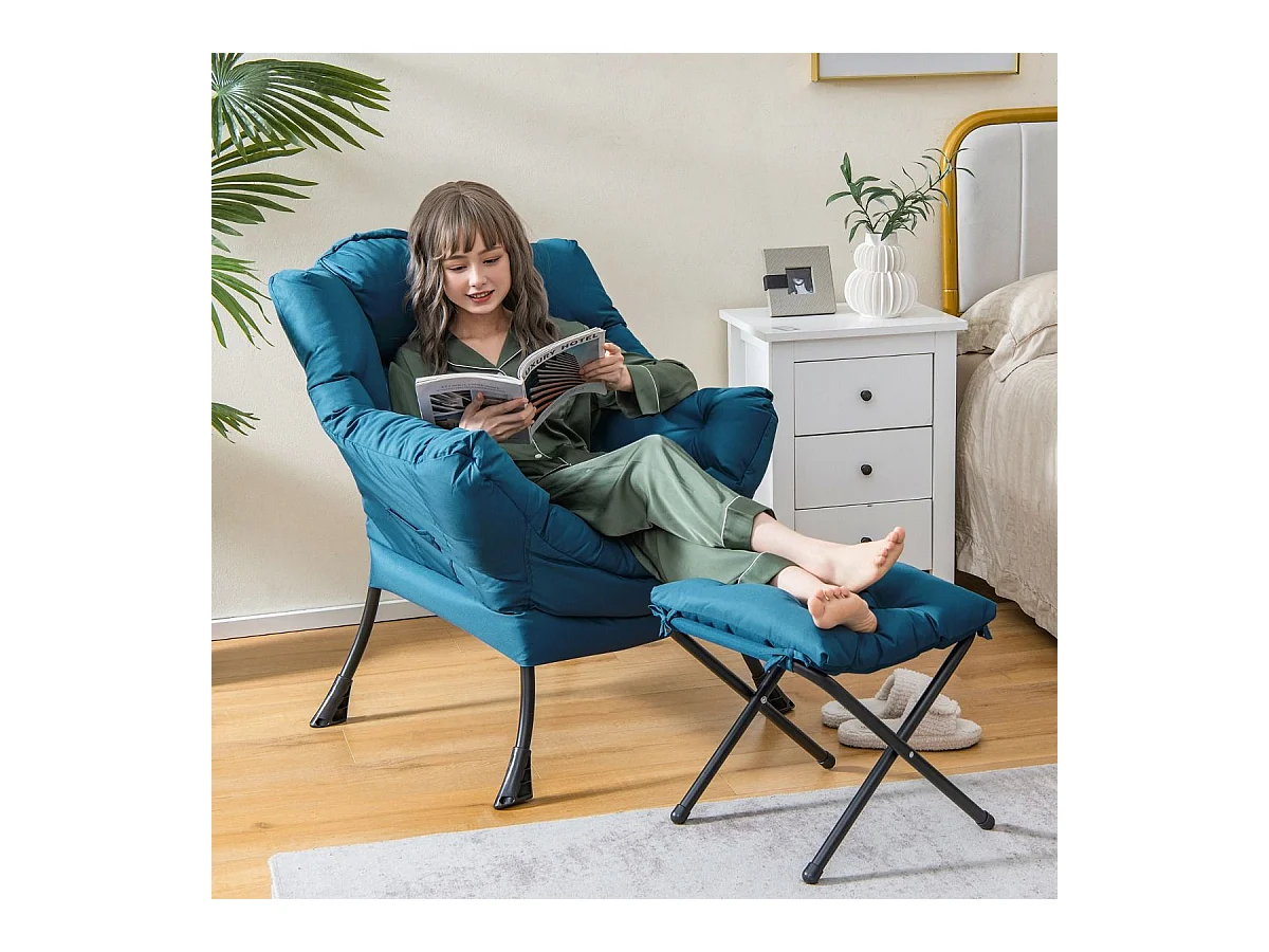 Poltrona pigra con cuscino braccioli tasca laterale poggiapiedi, Poltrona da lettura moderna Blu