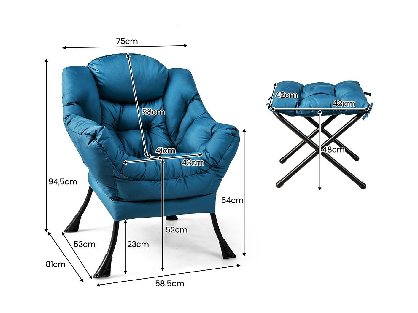 Poltrona pigra con cuscino braccioli tasca laterale poggiapiedi, Poltrona da lettura moderna Blu