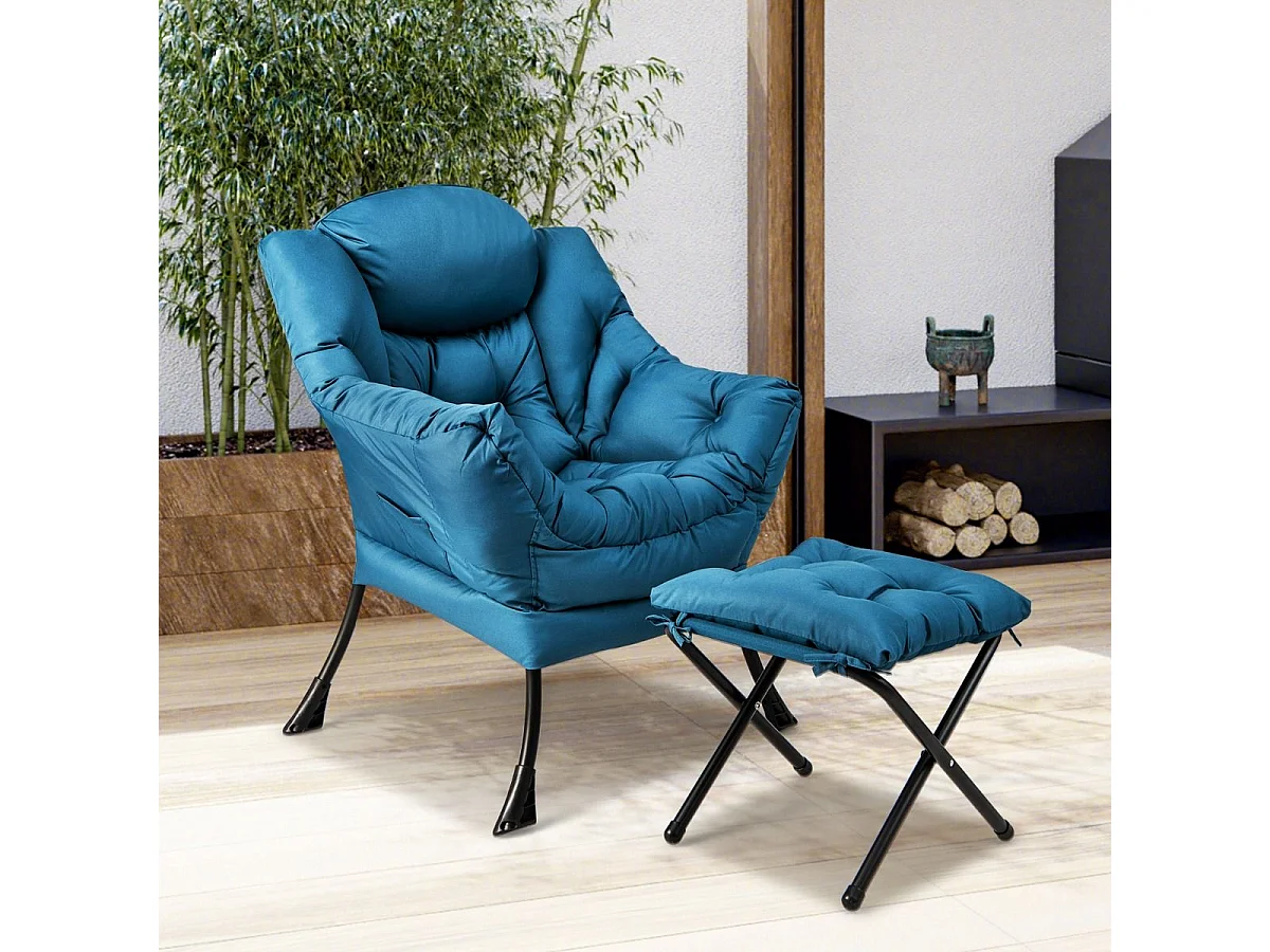 Poltrona pigra con cuscino braccioli tasca laterale poggiapiedi, Poltrona da lettura moderna Blu