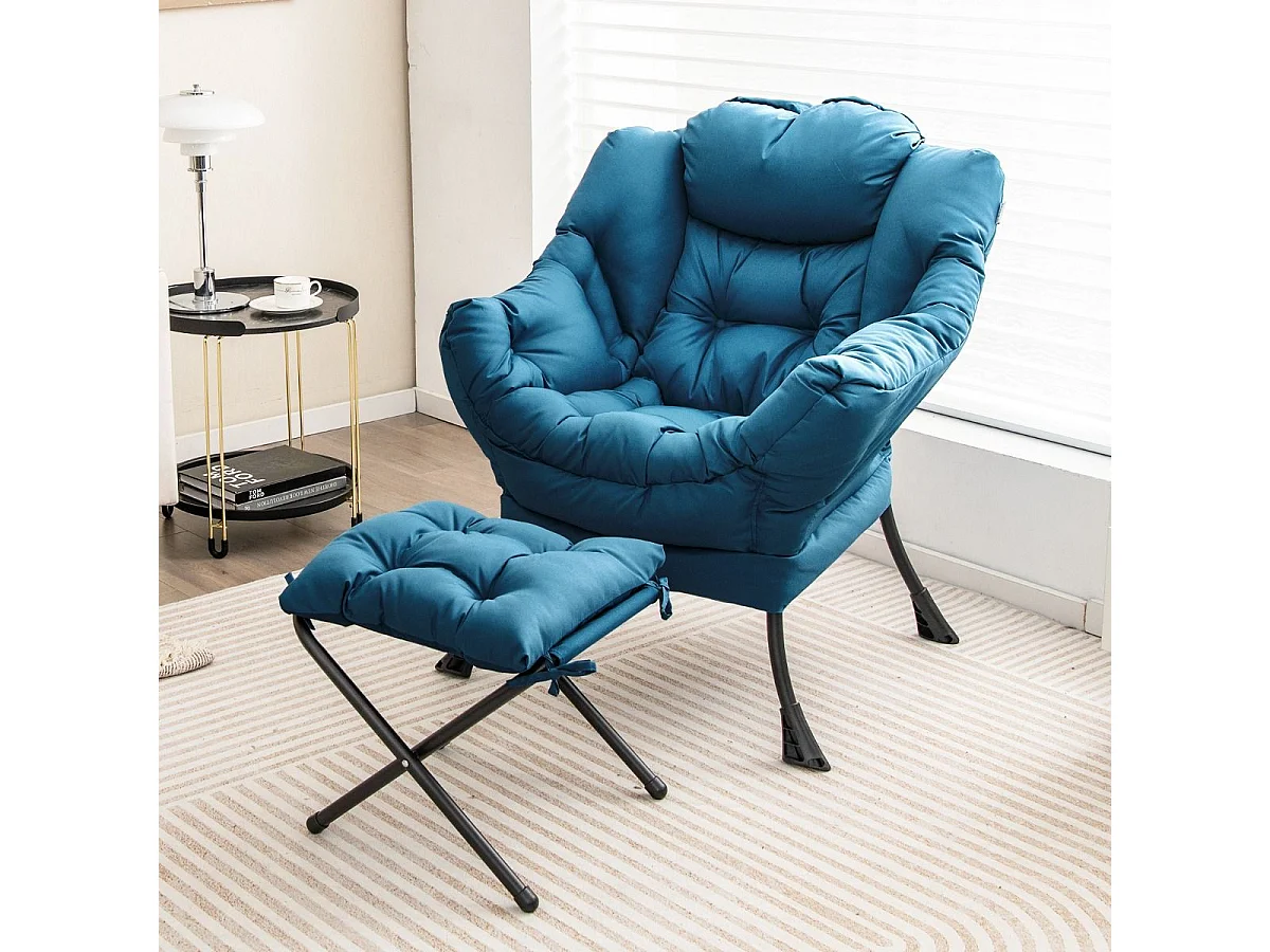 Poltrona pigra con cuscino braccioli tasca laterale poggiapiedi, Poltrona da lettura moderna Blu