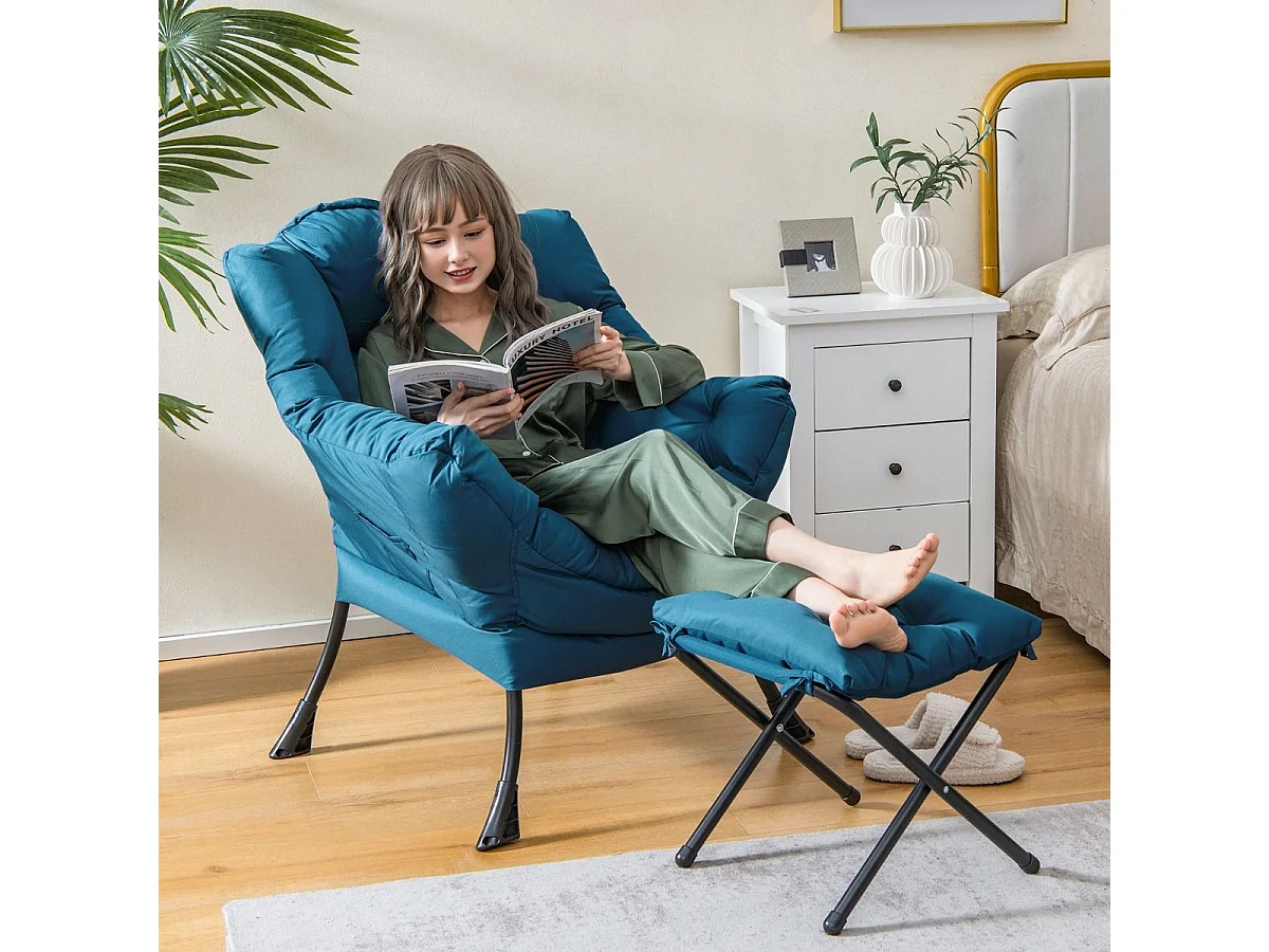 Poltrona pigra con cuscino braccioli tasca laterale poggiapiedi, Poltrona da lettura moderna Blu