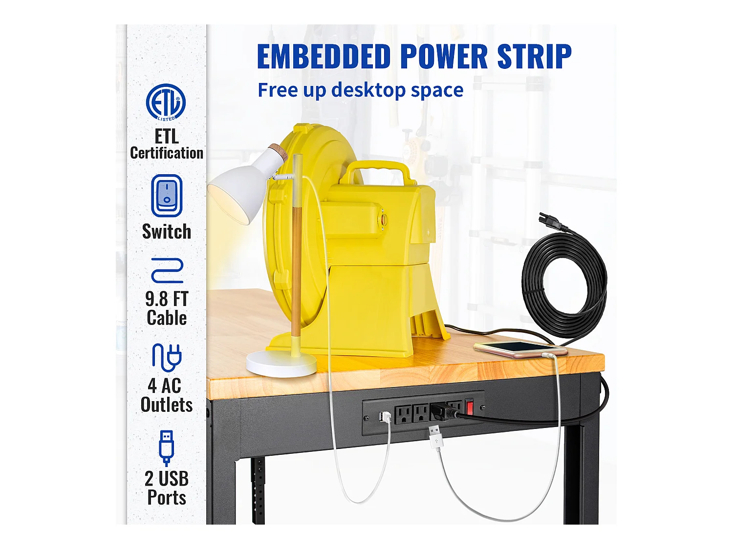 Établi Table de Travail Réglable SucceBuy, 155 x 51 cm, avec Prise de Courant
