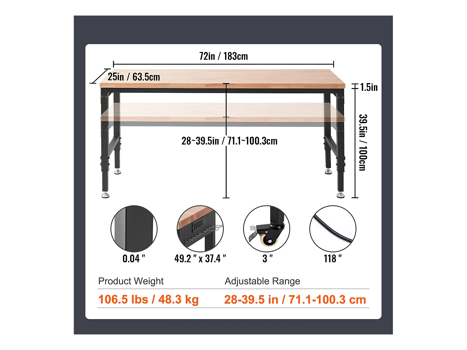 Établi Table de Travail Réglable SucceBuy, avec Douille, Charge Maximale de 1361 kg