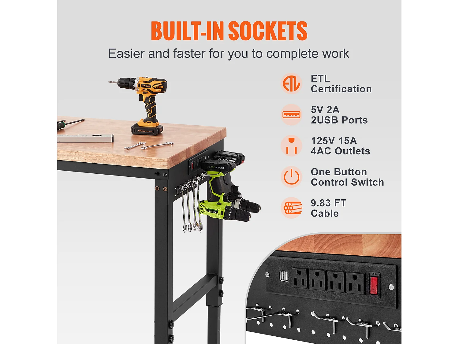 Établi Table de Travail Réglable SucceBuy, avec Douille, Charge Maximale de 1361 kg