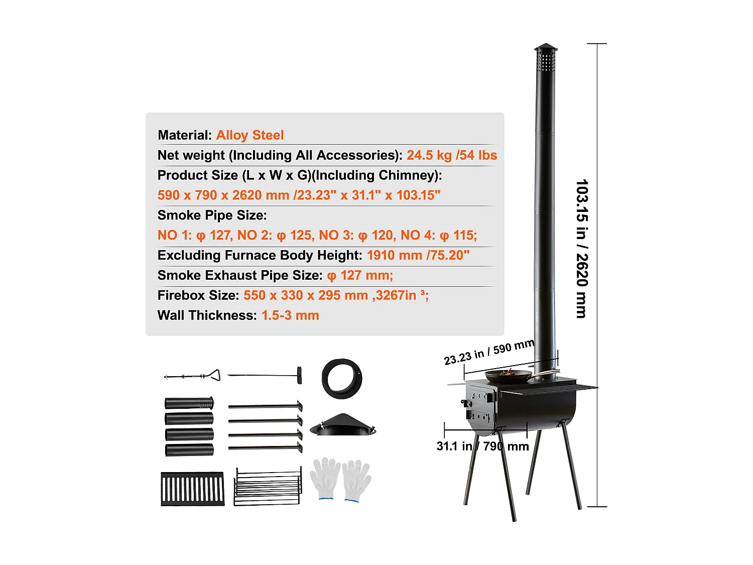 Przenośny Piec na Drewno SucceBuy, 262 cm, Piec Kempingowy do Grillowania z Rurami do Użytku na Zewnątrz