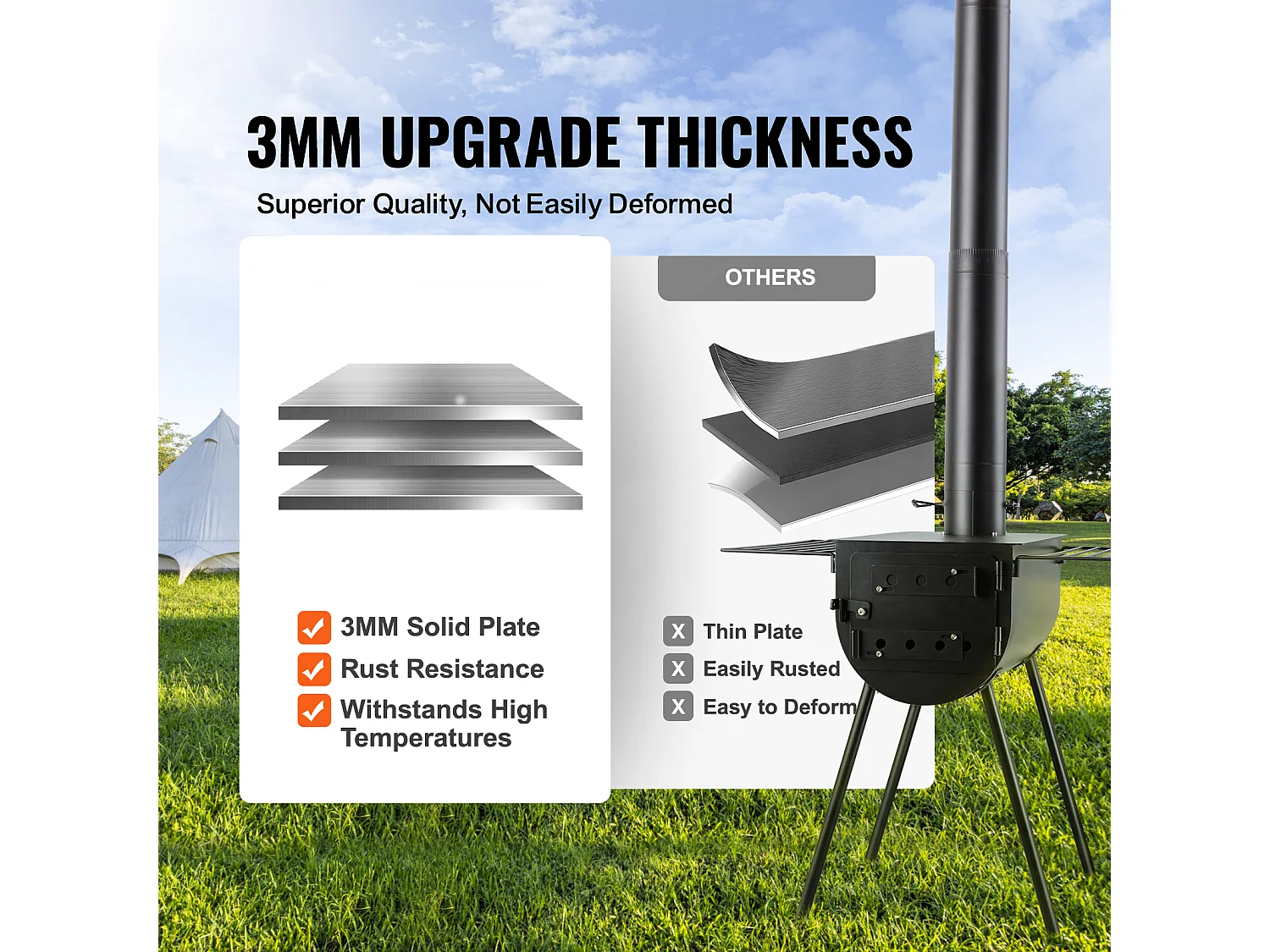 Przenośny Piec na Drewno SucceBuy, 262 cm, Piec Kempingowy do Grillowania z Rurami do Użytku na Zewnątrz