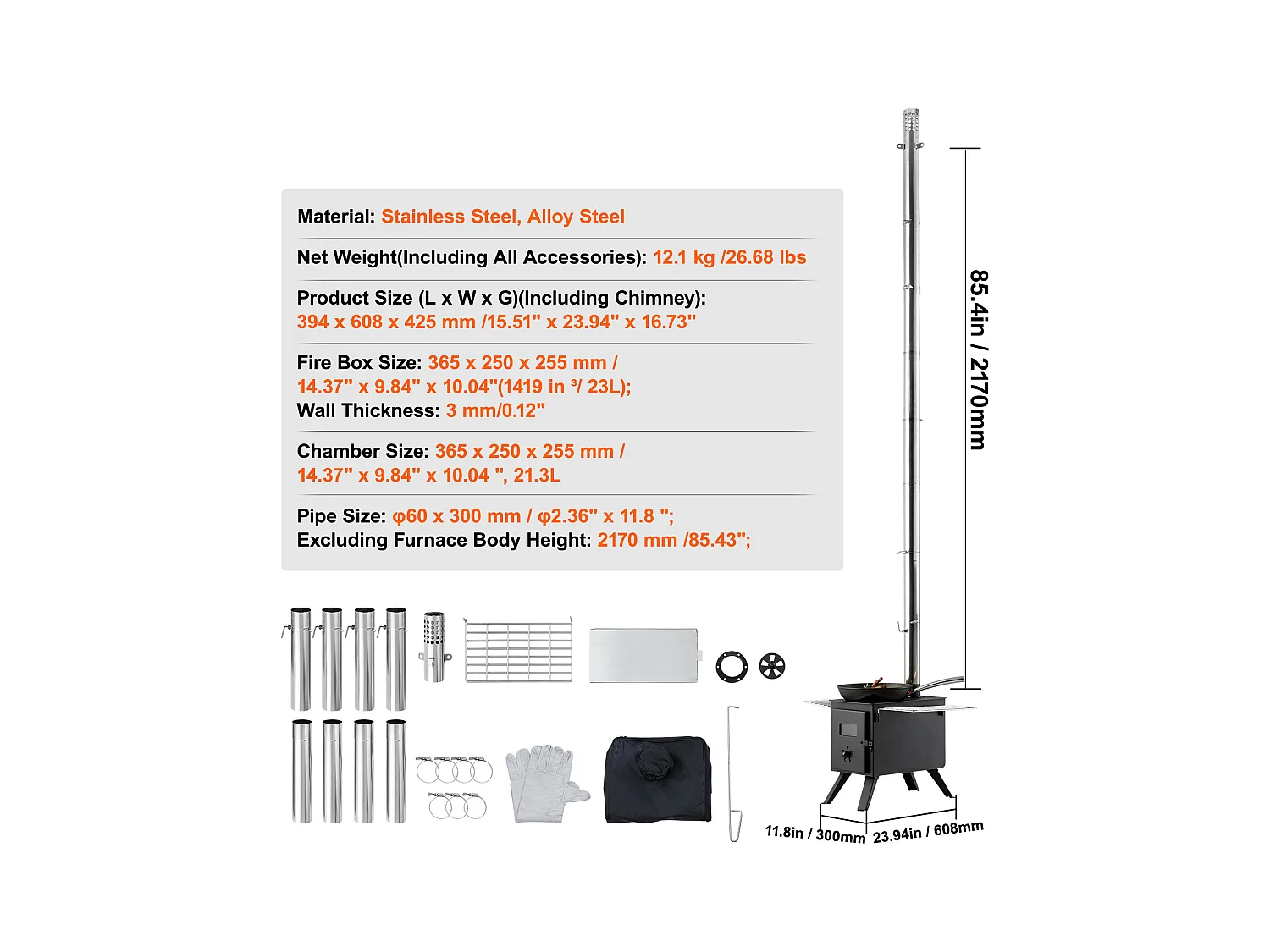Fogão a Lenha Portátil SucceBuy, 217 cm, Fogão para Churrasco para Barraca de Campismo com Tubos