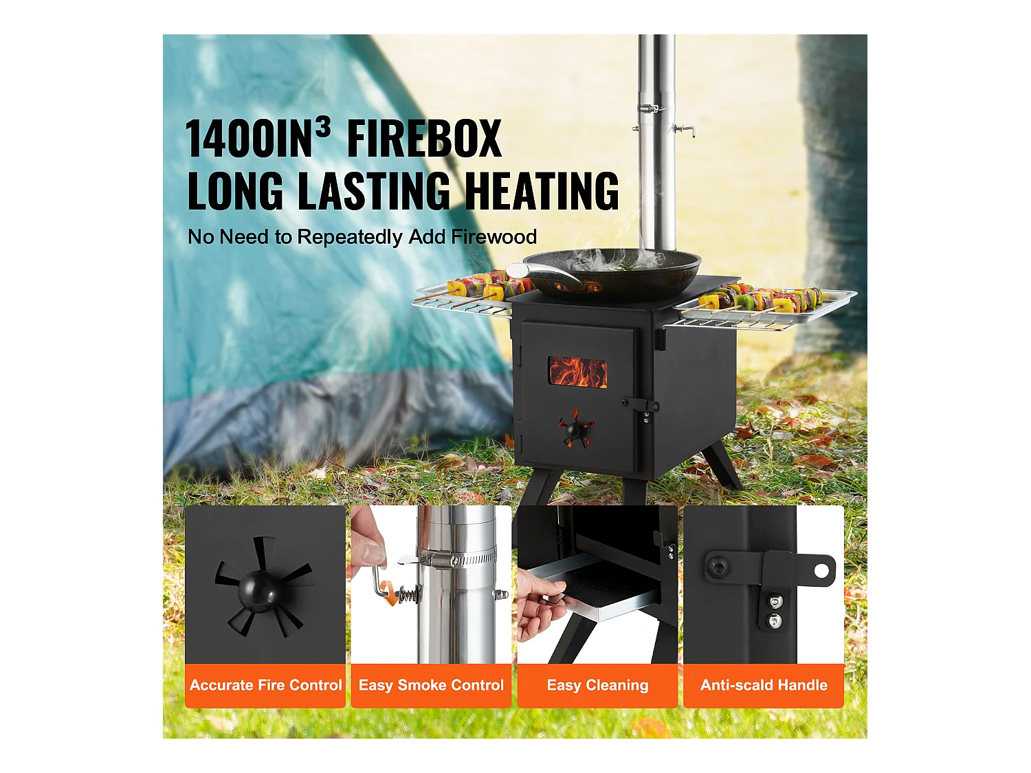 Draagbare Houtkachel SucceBuy, 217 cm, Barbecue-Kachel voor Kampeertent met Slangen