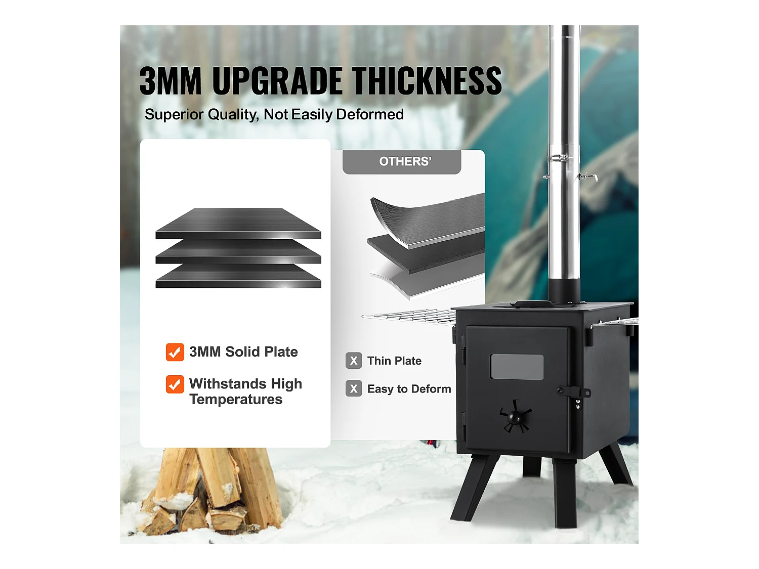 Draagbare Houtkachel SucceBuy, 217 cm, Barbecue-Kachel voor Kampeertent met Slangen