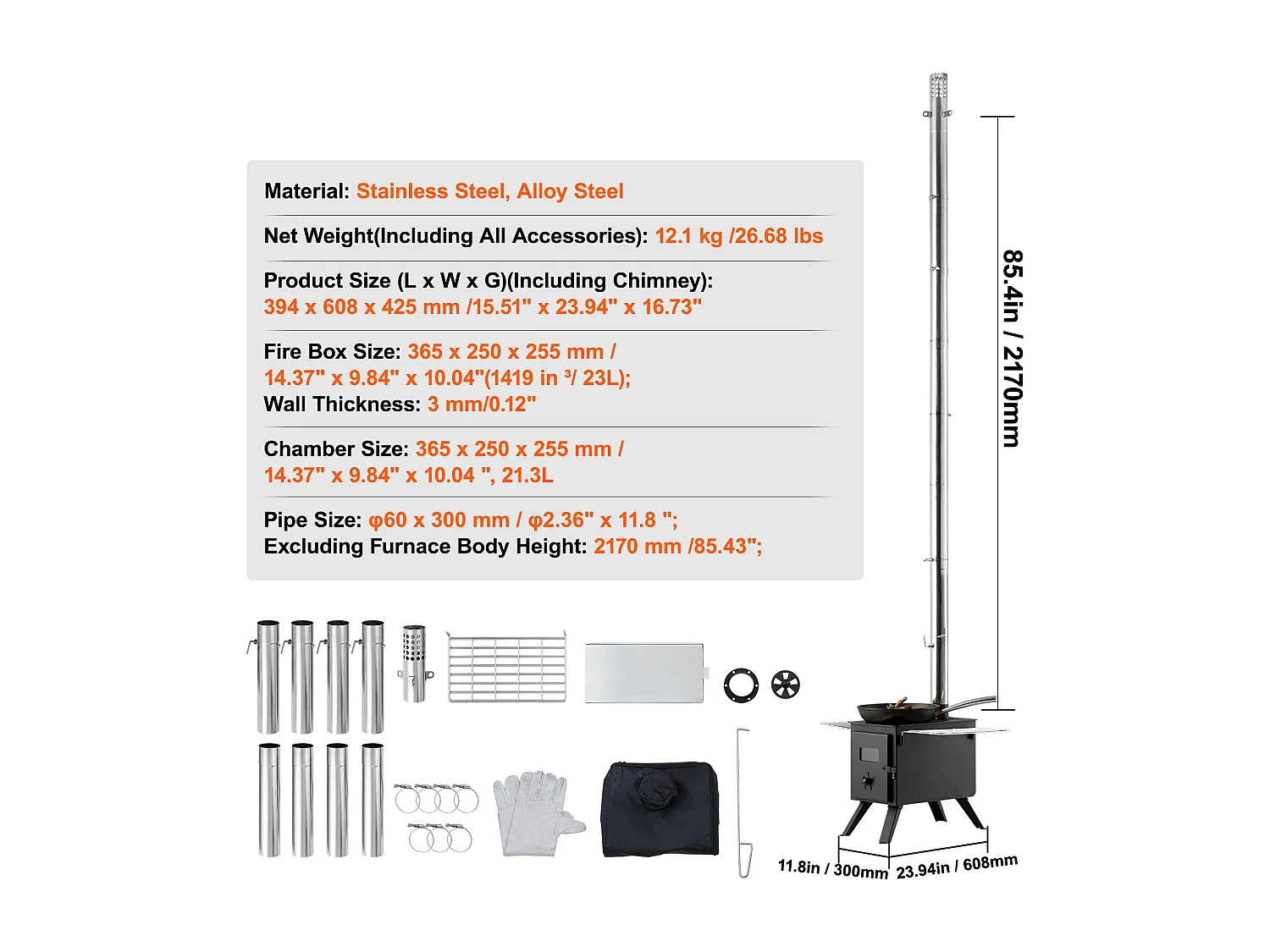 Stufa a Legna Portatile SucceBuy, 217 cm, Stufa Barbecue per Tenda da Campeggio con Tubi