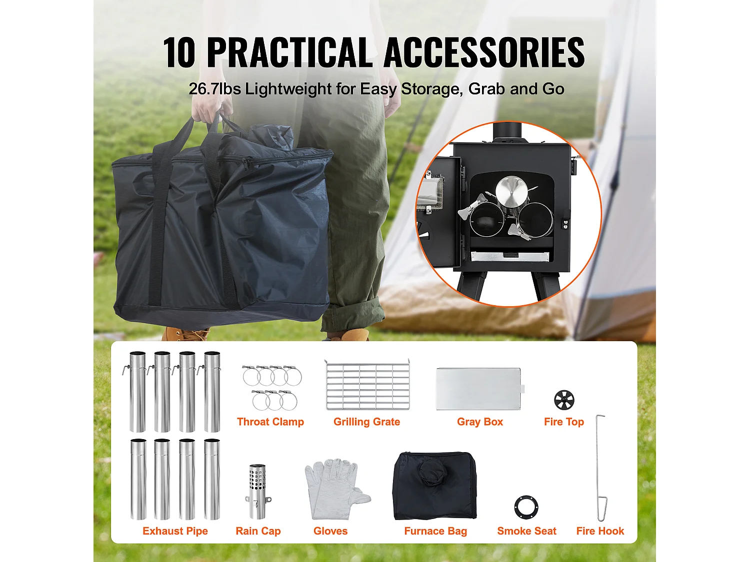 Stufa a Legna Portatile SucceBuy, 217 cm, Stufa Barbecue per Tenda da Campeggio con Tubi