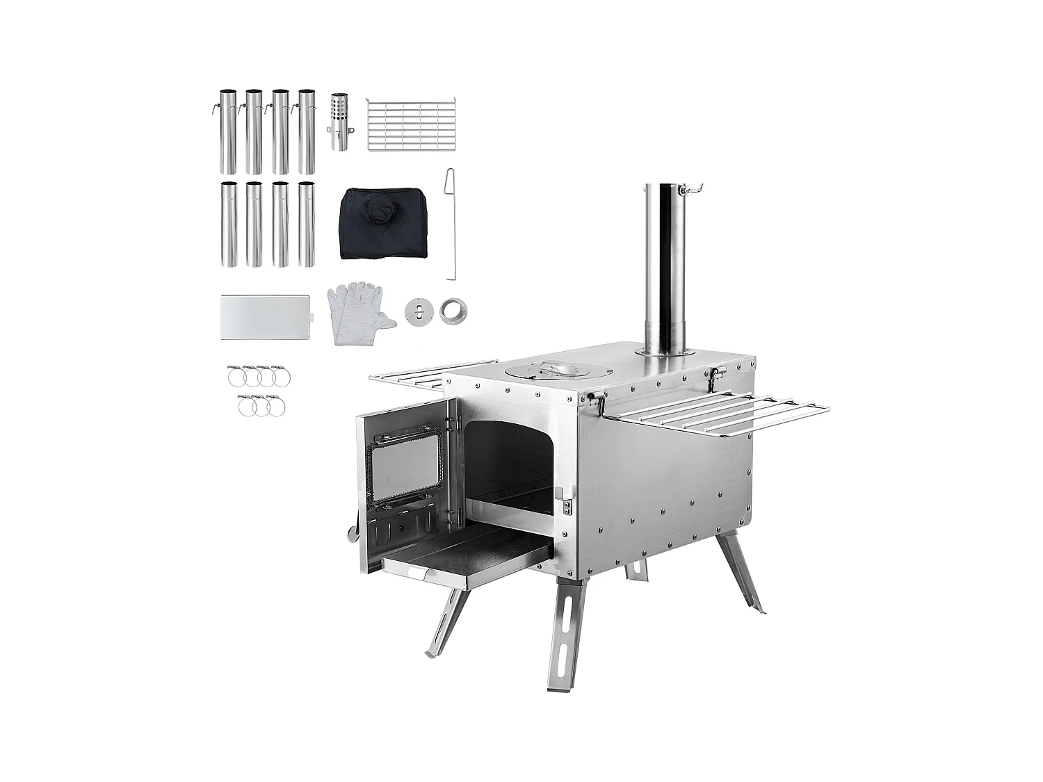 Fogão a Lenha Portátil SucceBuy para Acampamento, Em Aço Inoxidável com Tubos de Chaminé