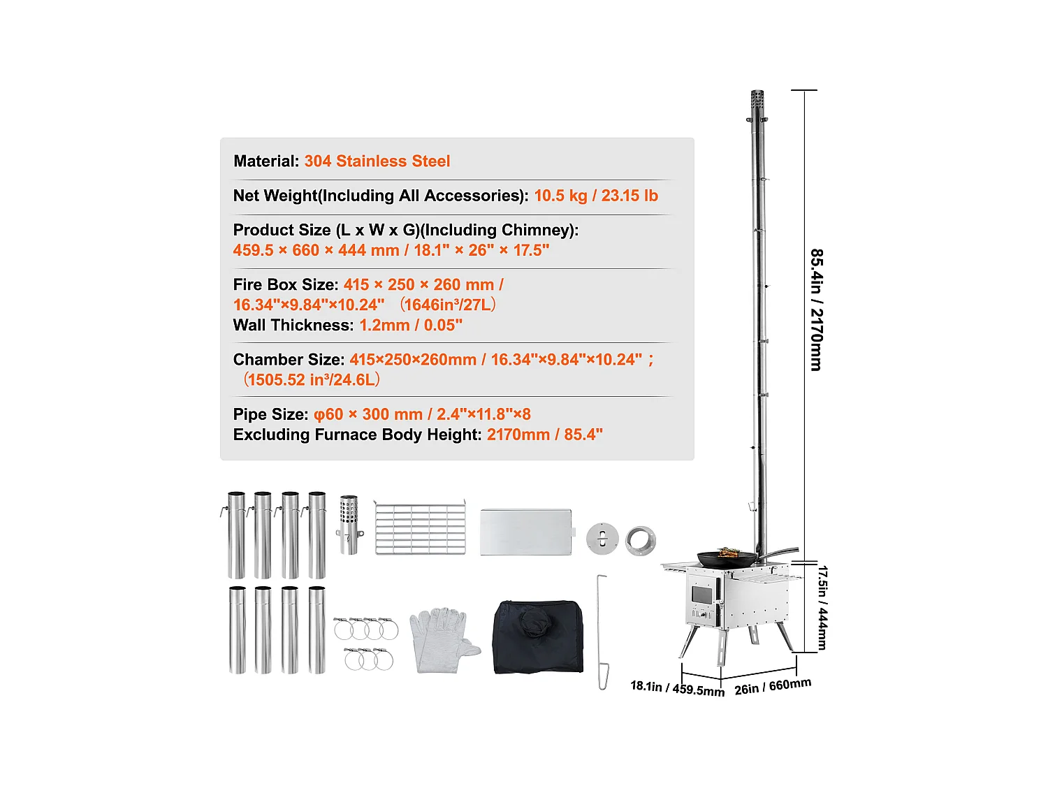 Fogão a Lenha Portátil SucceBuy para Acampamento, Em Aço Inoxidável com Tubos de Chaminé
