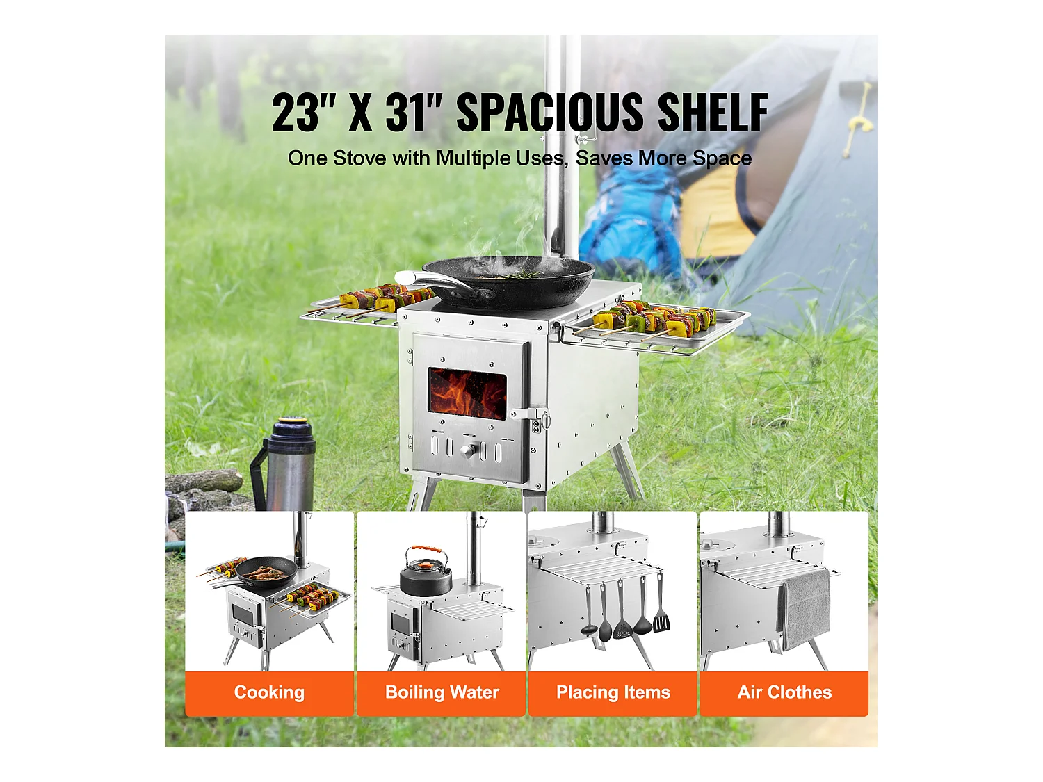 Fogão a Lenha Portátil SucceBuy para Acampamento, Em Aço Inoxidável com Tubos de Chaminé
