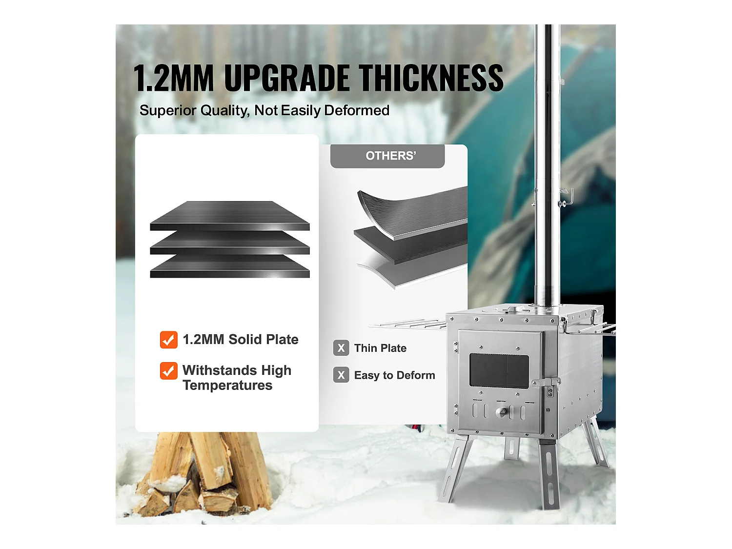 Fogão a Lenha Portátil SucceBuy para Acampamento, Em Aço Inoxidável com Tubos de Chaminé